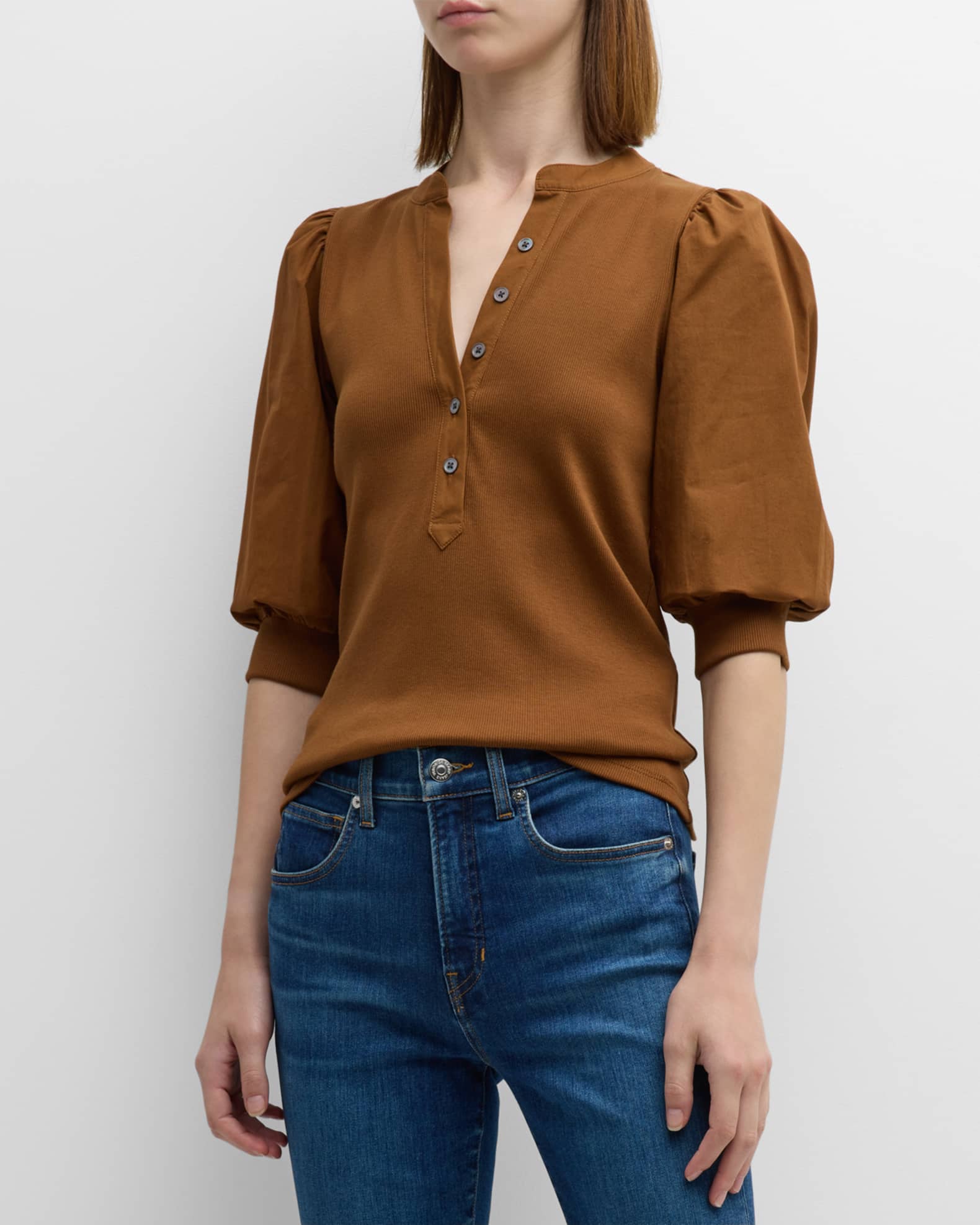 Veronica Beard Coralee Puff Sleeve Button-Front Top | Neiman