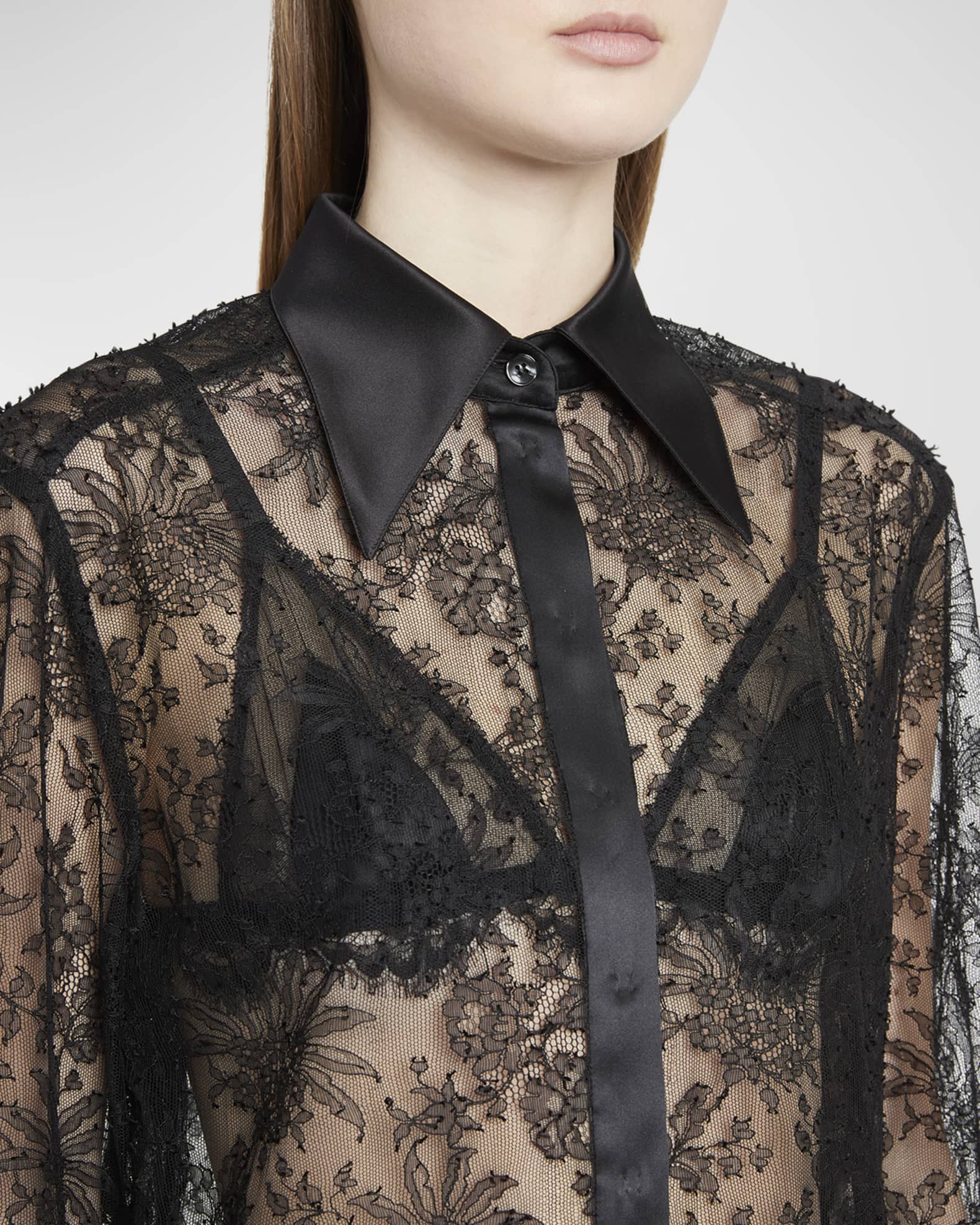 Dolce&Gabbana Chantilly Lace Satin Trim Button Down Shirt | Neiman Marcus