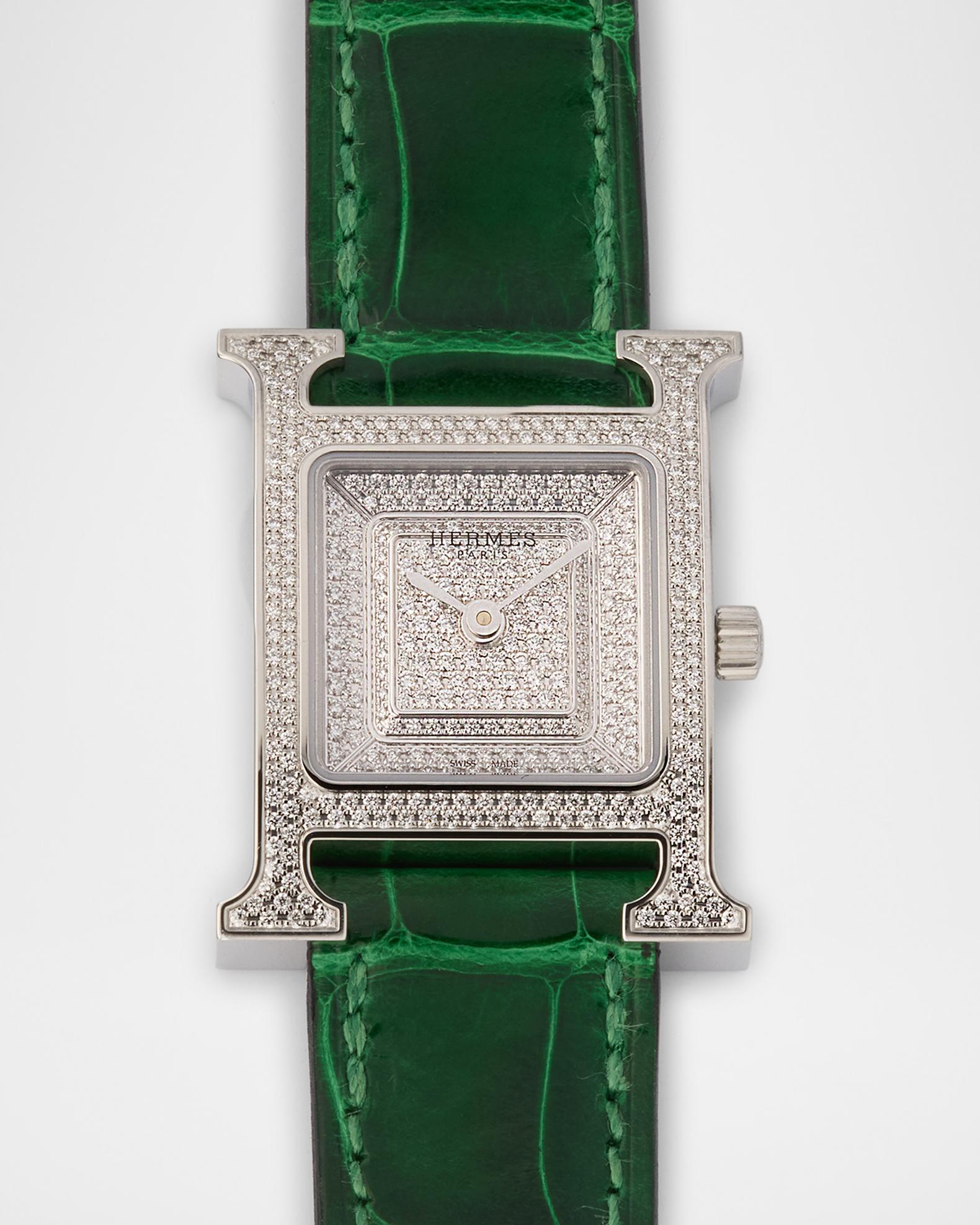 Hermes Heure H All Diamond Watch with Green Alligator Strap, 25 mm