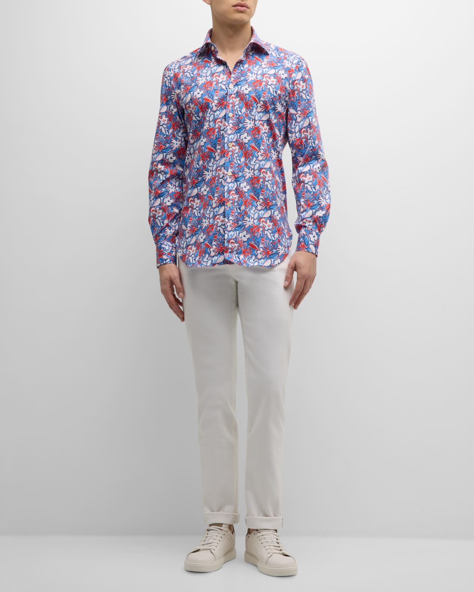 Kiton botanical-print hooded shirt - Blue