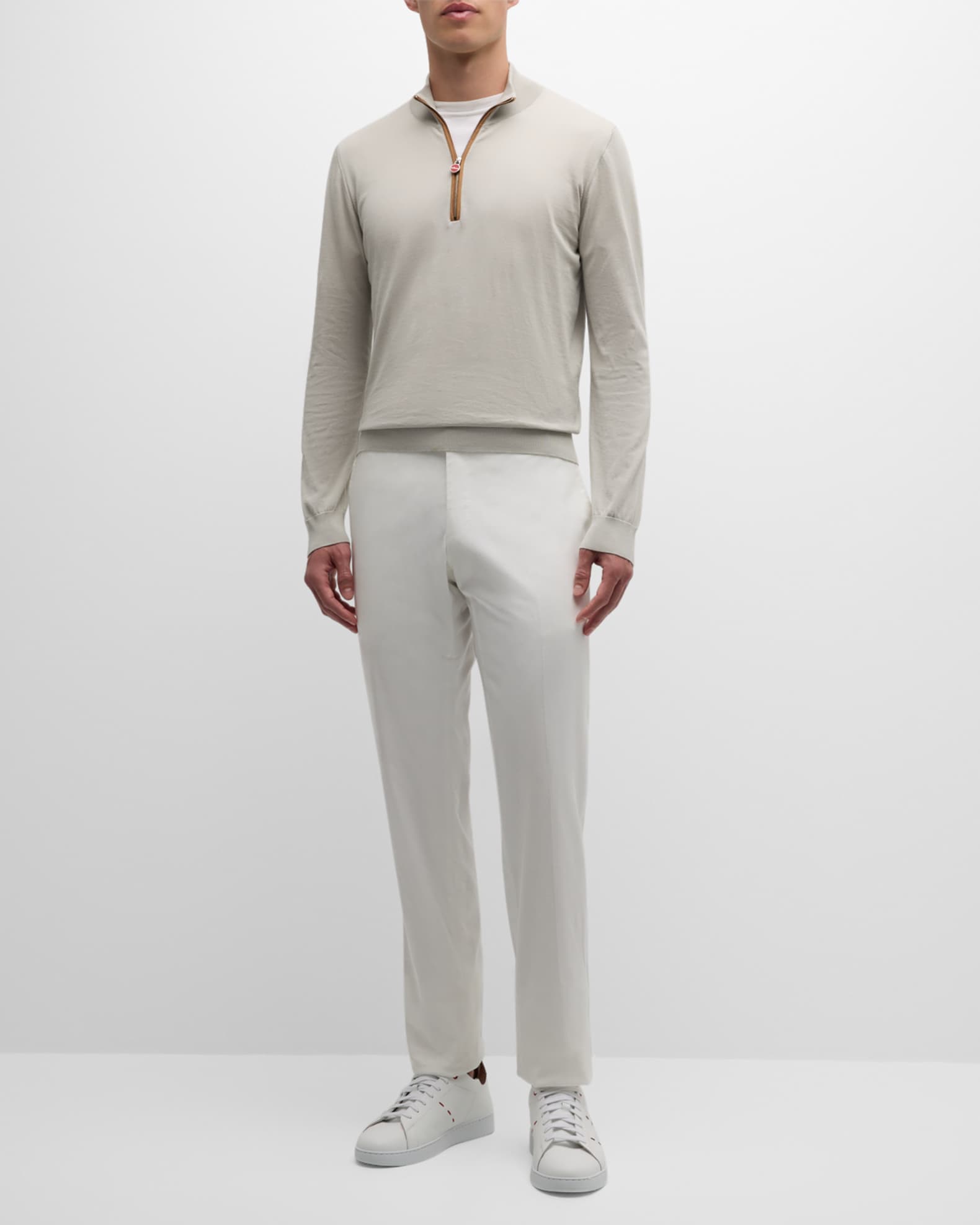 Kiton Men's Quarter-Zip Cotton Sweater With Suede Trim | Neiman Marcus