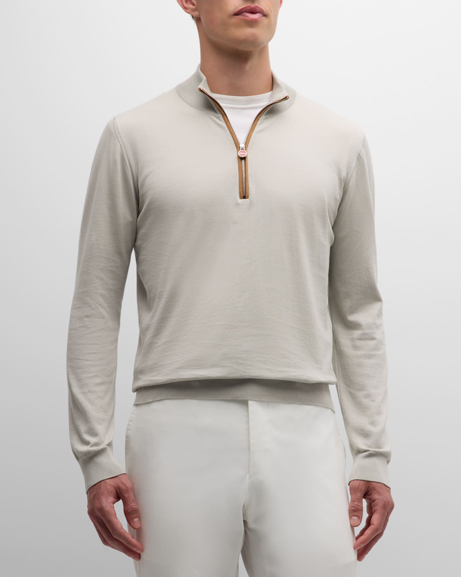 Kiton Men's Quarter-Zip Cotton Sweater With Suede Trim | Neiman Marcus