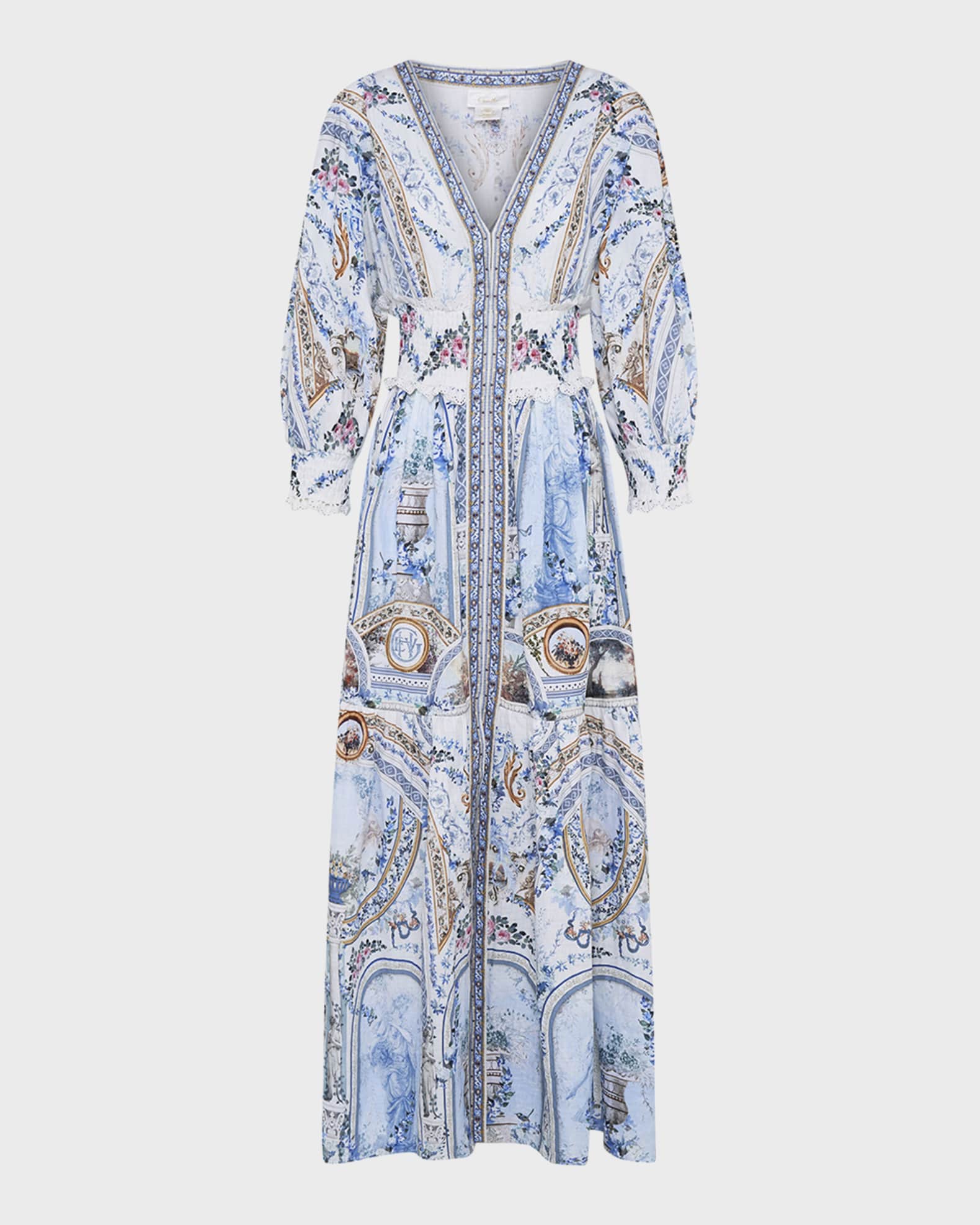 Camilla Shirred Waistband Tiered Printed Linen Dress | Neiman Marcus