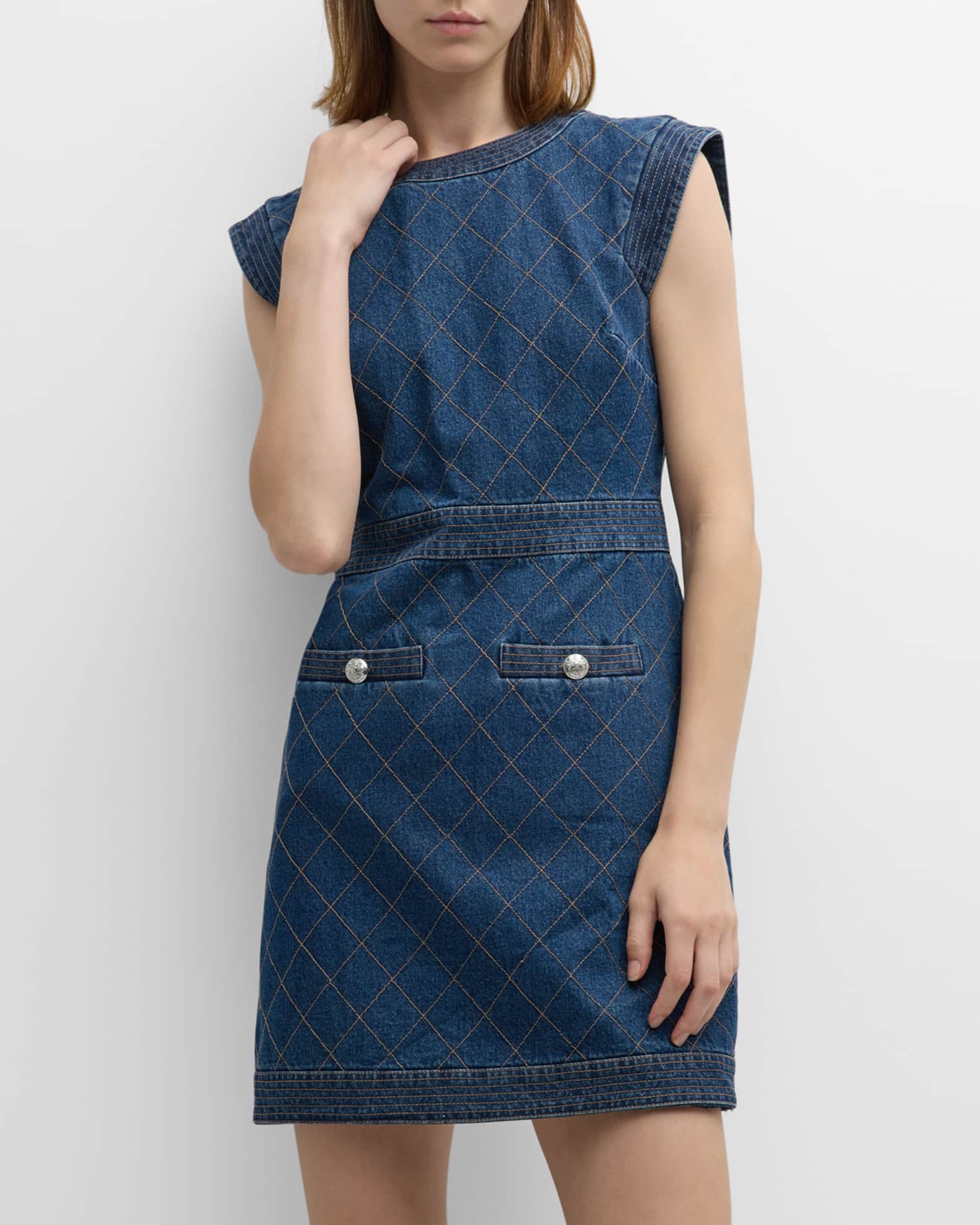Veronica Beard Ginny Sleeveless Denim Topstitch Mini Dress | Neiman Marcus