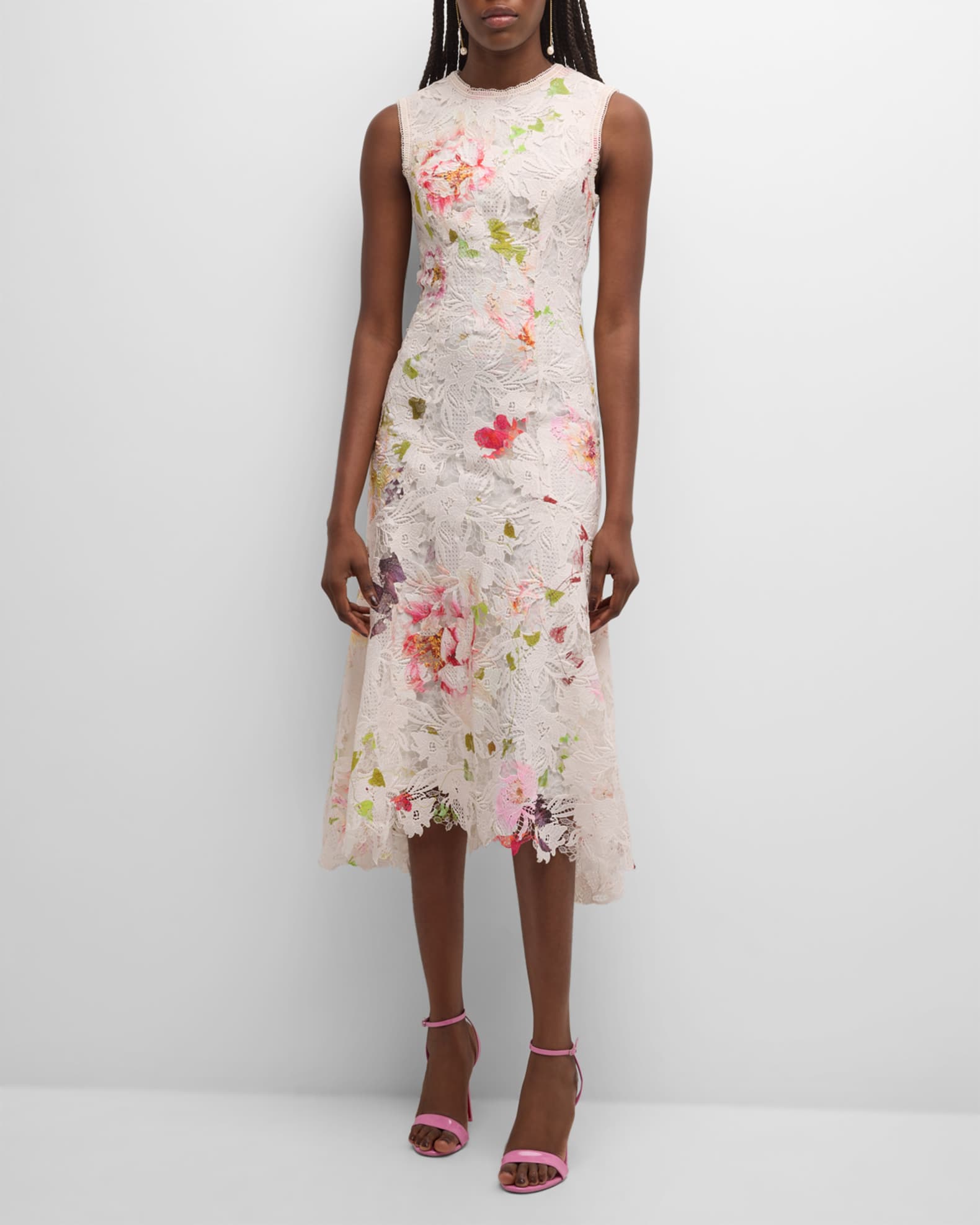 Monique Lhuillier Floral Printed Lace Midi Dress | Neiman Marcus