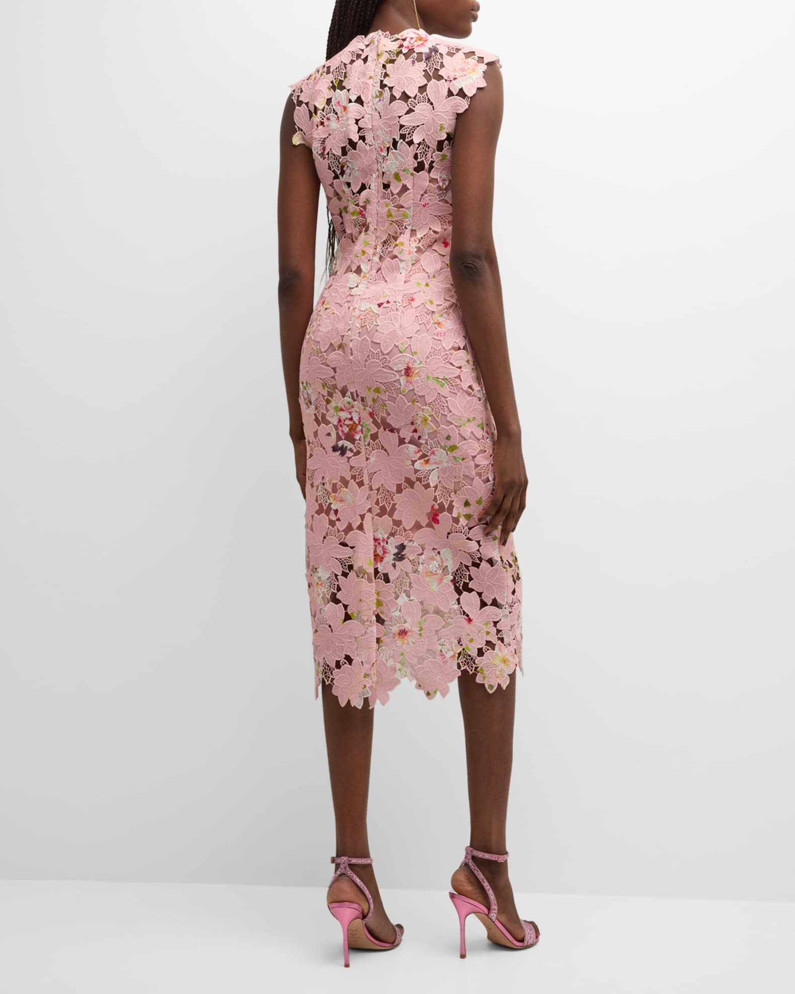 Monique Lhuillier Jewel-Neck Sleeveless Printed Lace Sheath Midi Dress ...