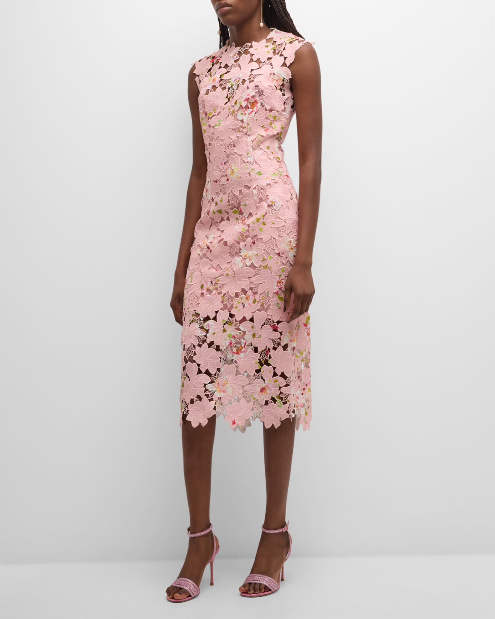 Monique Lhuillier Jewel-Neck Sleeveless Printed Lace Sheath Midi Dress ...