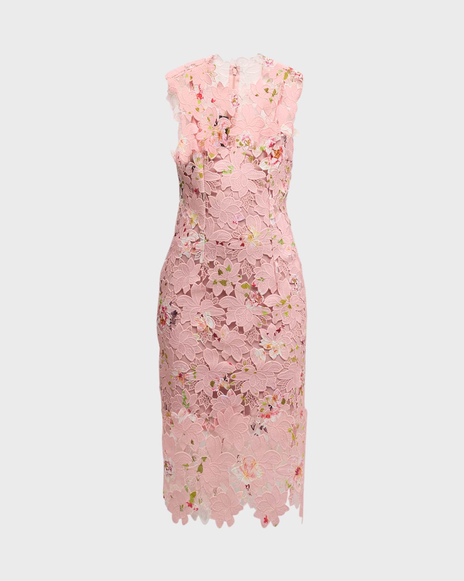Monique Lhuillier Jewel-Neck Sleeveless Printed Lace Sheath Midi Dress