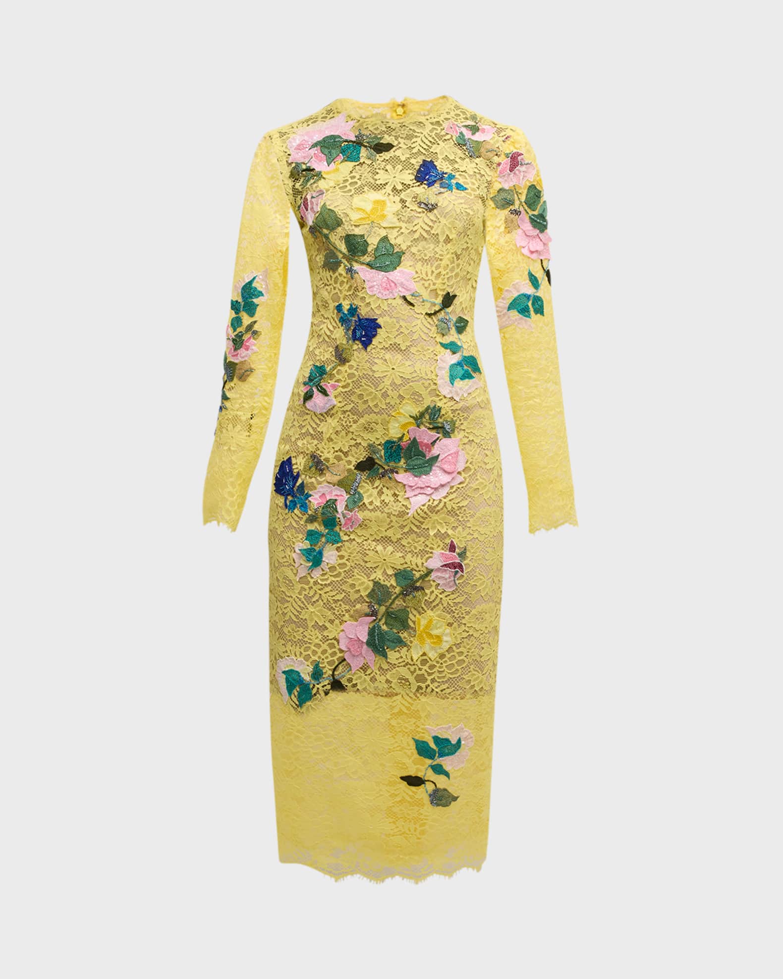 Monique Lhuillier Floral Embroidered Lace Sheath Midi Dress | Neiman Marcus