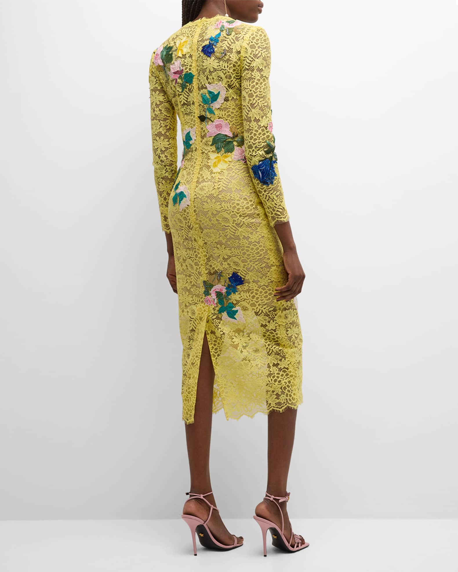 Monique Lhuillier Floral Embroidered Lace Sheath Midi Dress | Neiman Marcus