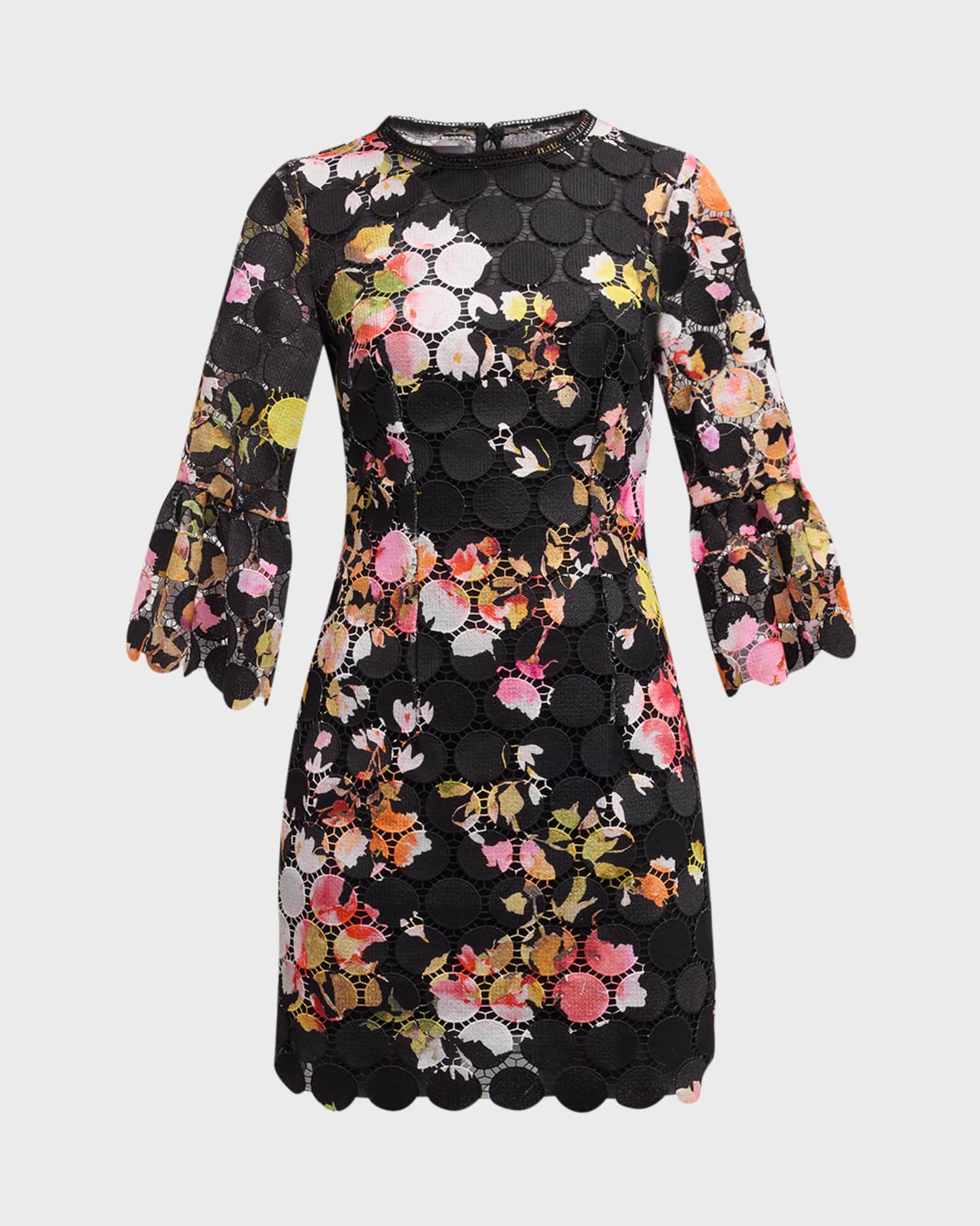 Monique Lhuillier Floral-Print Circle Lace Bell-Sleeve Mini Dress  