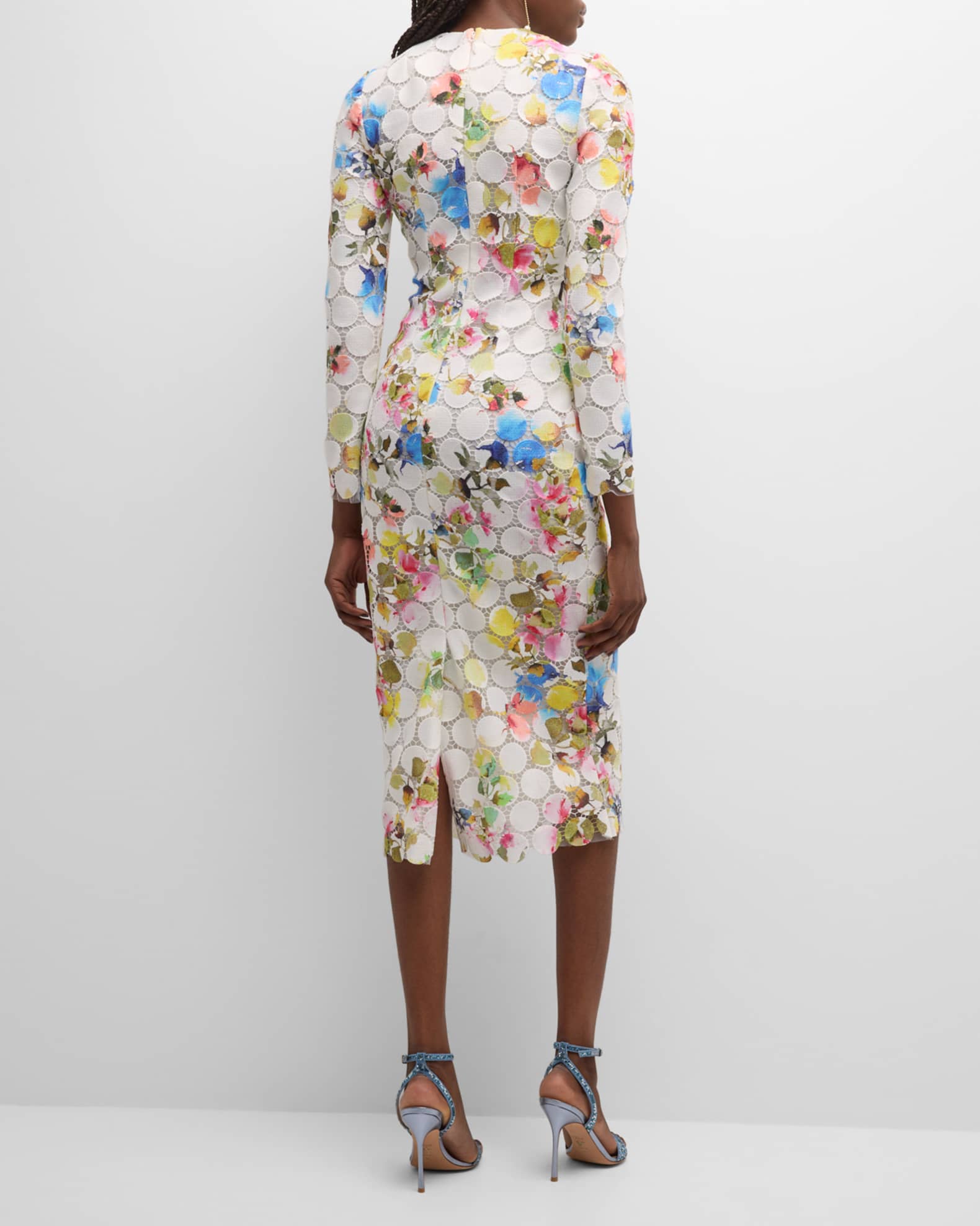 Monique Lhuillier Floral-Print Circle Lace Long-Sleeve Midi Dress ...