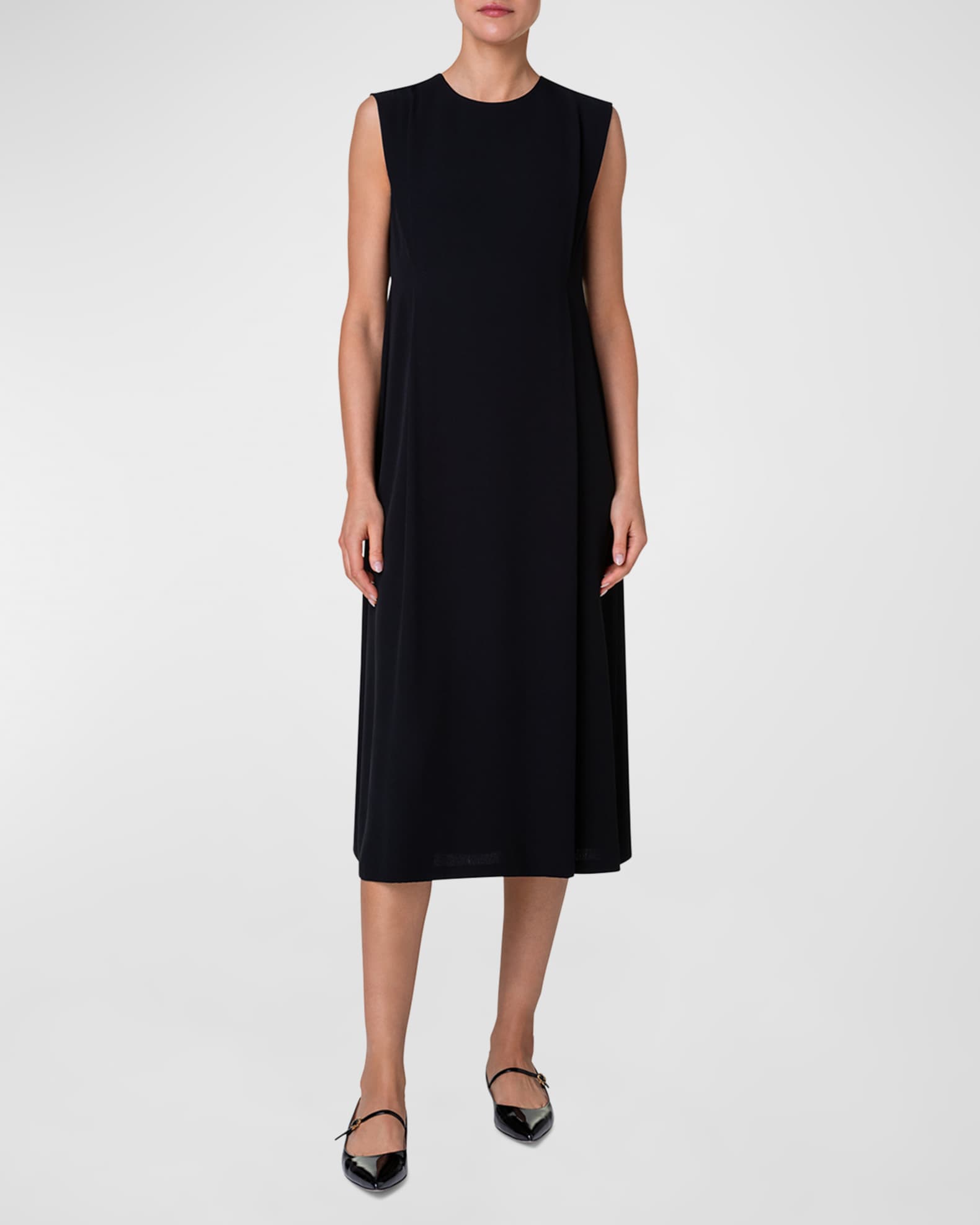 Side Pleat Sleeveless Crepe Midi Dress