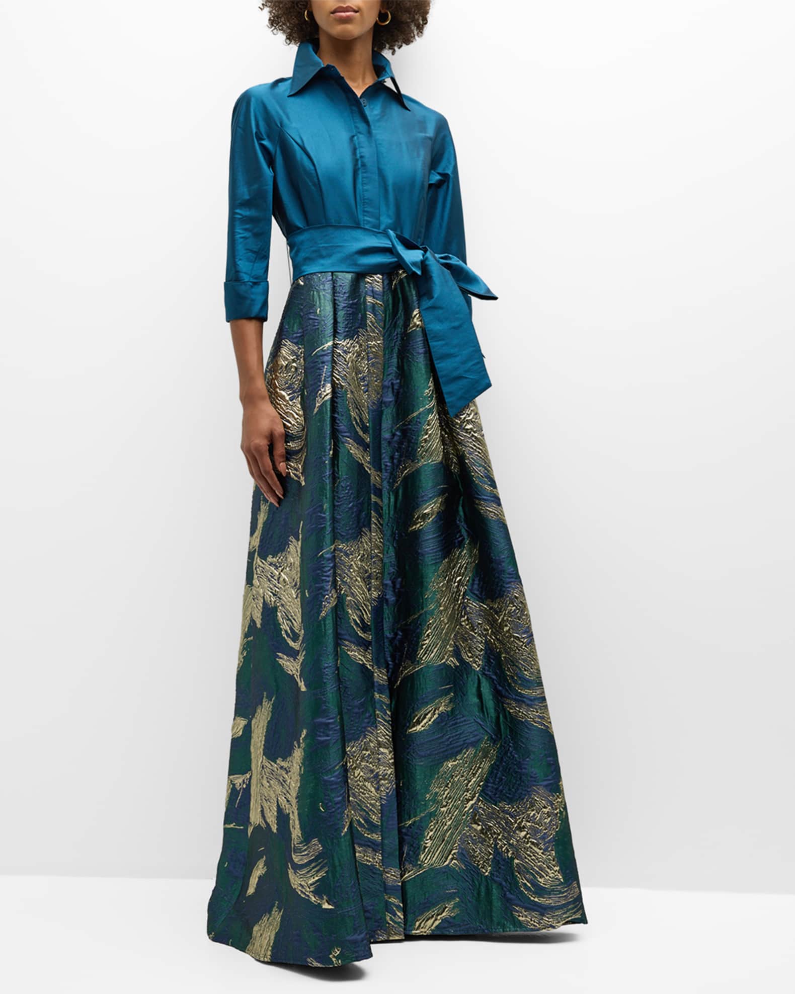 Taffeta Shirtdress Gown With Metallic Jacquard Skirt main image 1