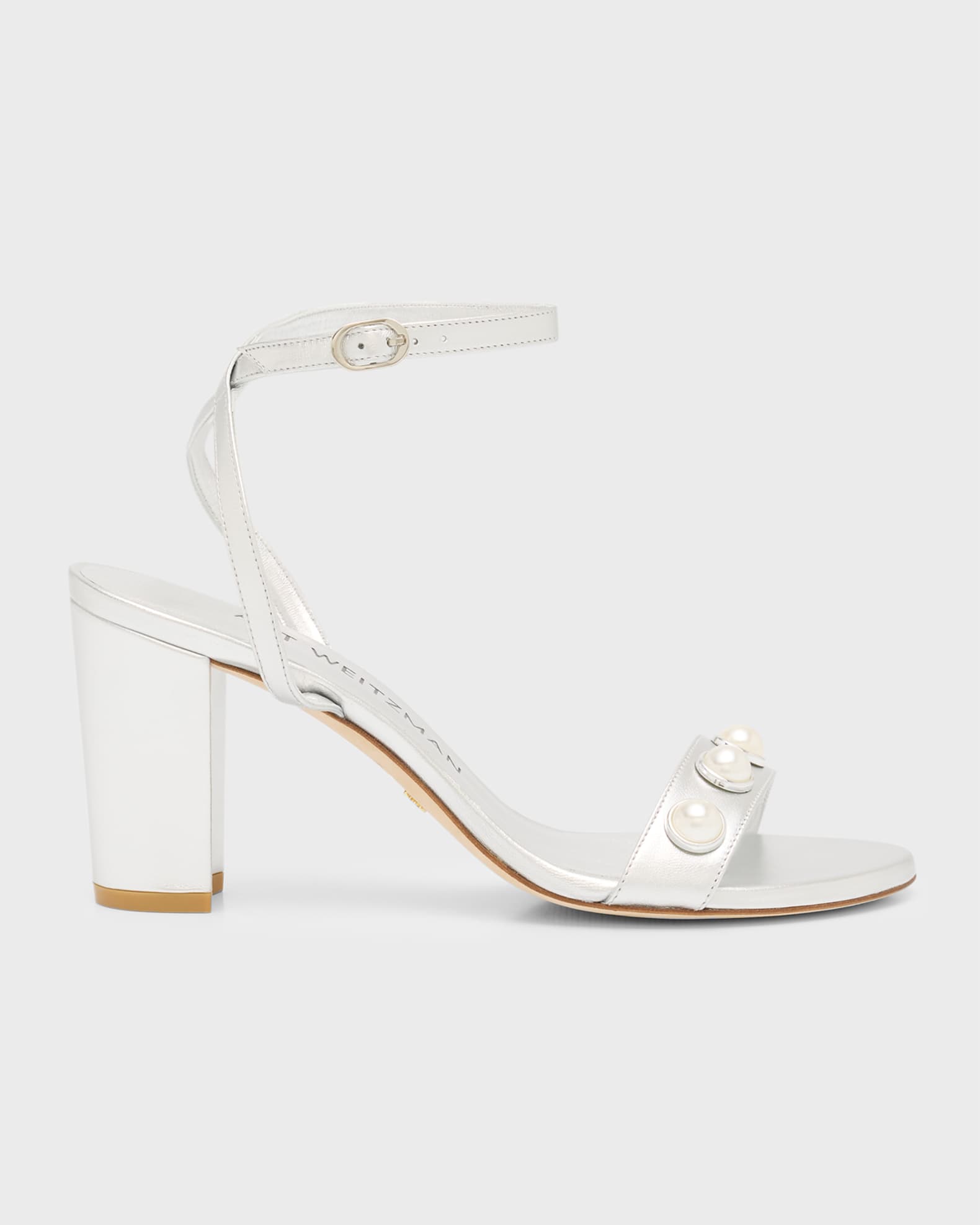 Stuart Weitzman Nearlybare Metallic Pearly Ankle-Strap Sandals