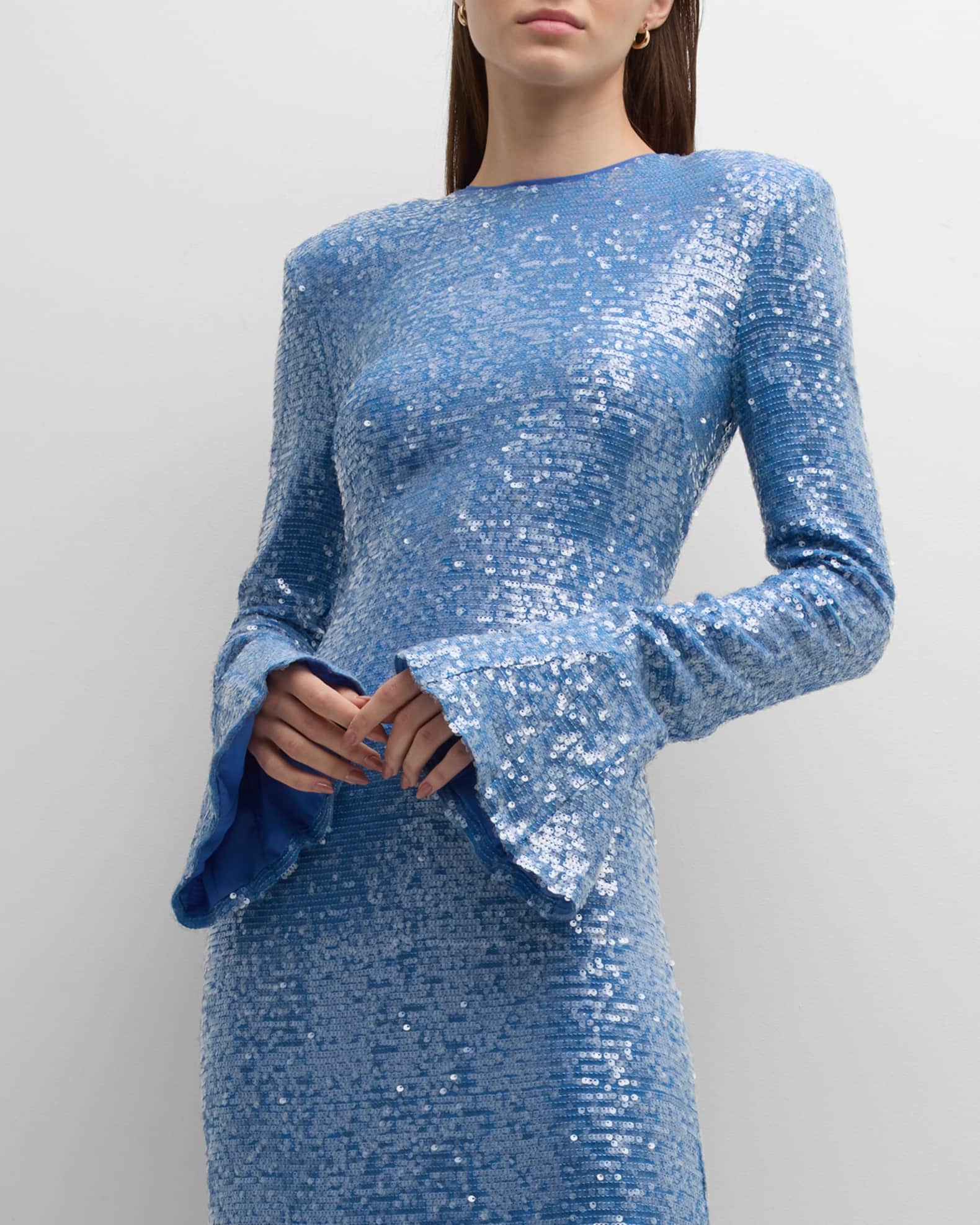 LAPOINTE Sequin Flare-Sleeve Strong-Shoulder Maxi Dress | Neiman Marcus