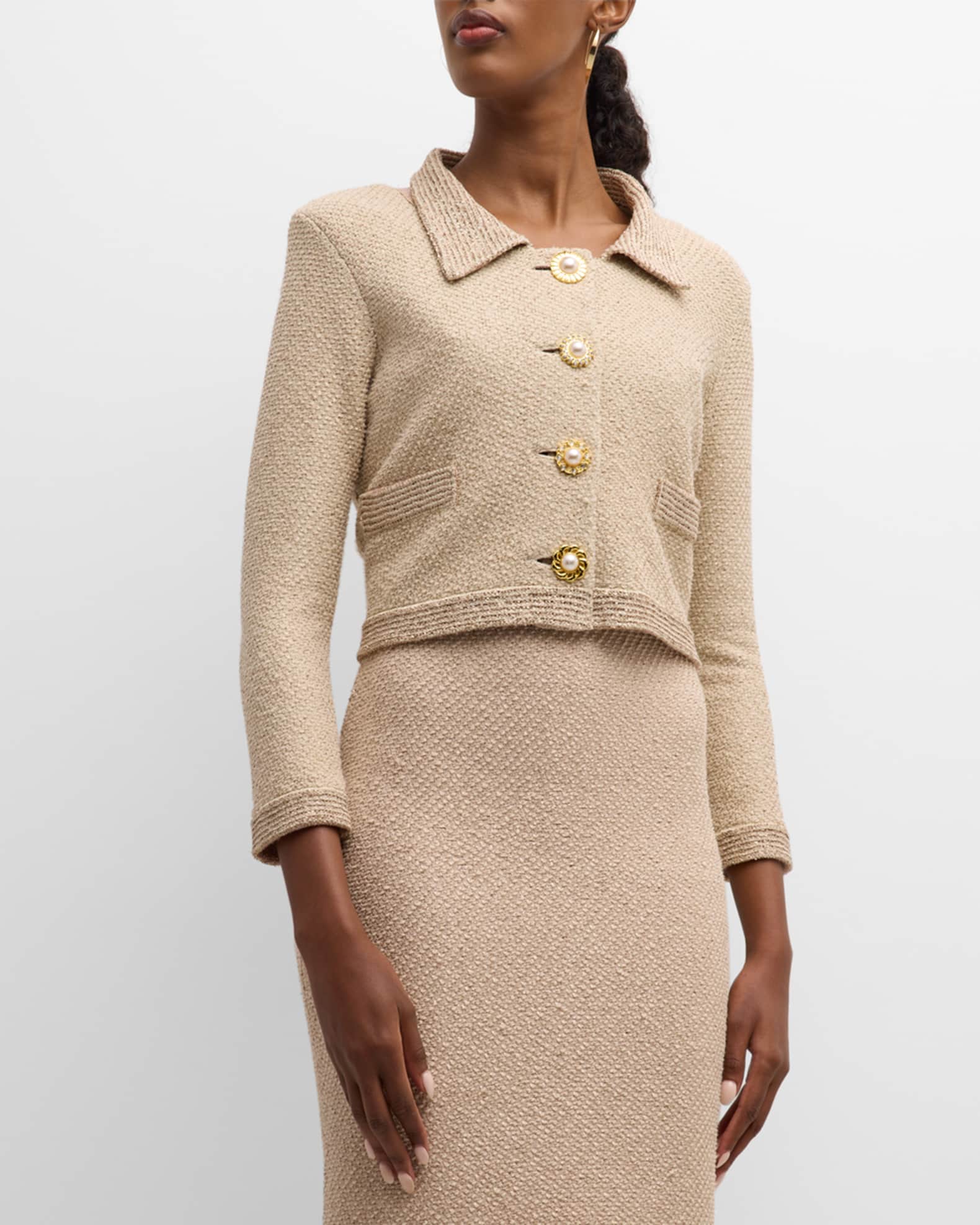 St. John Paillette Twill Bracelet-Sleeve Crop Jacket | Neiman Marcus