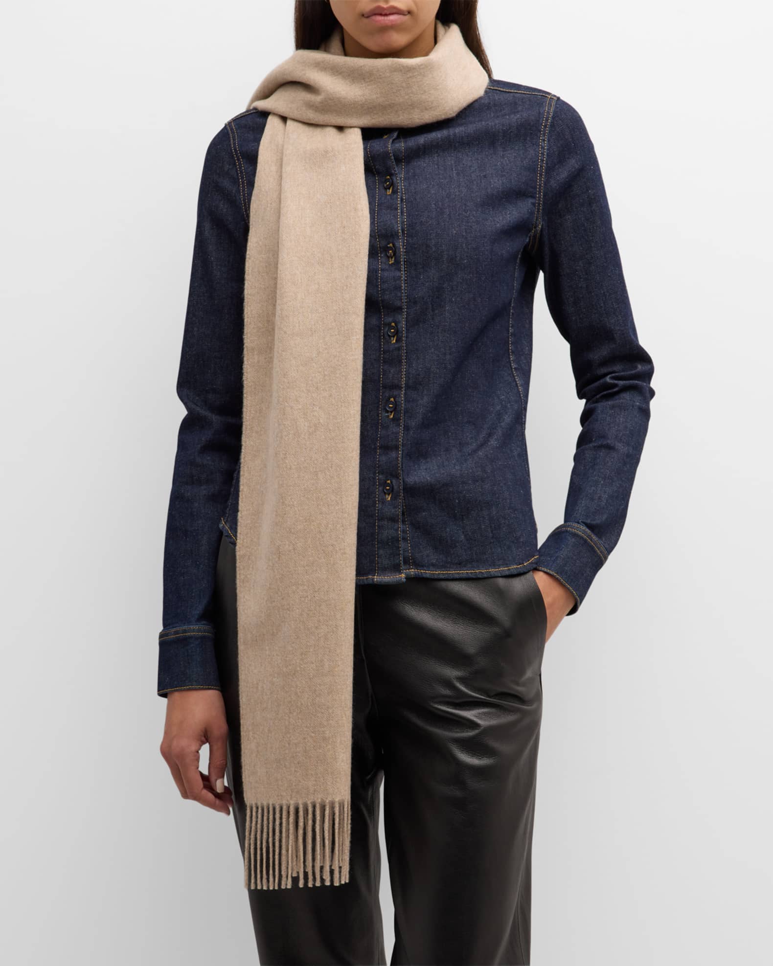 Wide Beige Cashmere Fringe Scarf  1