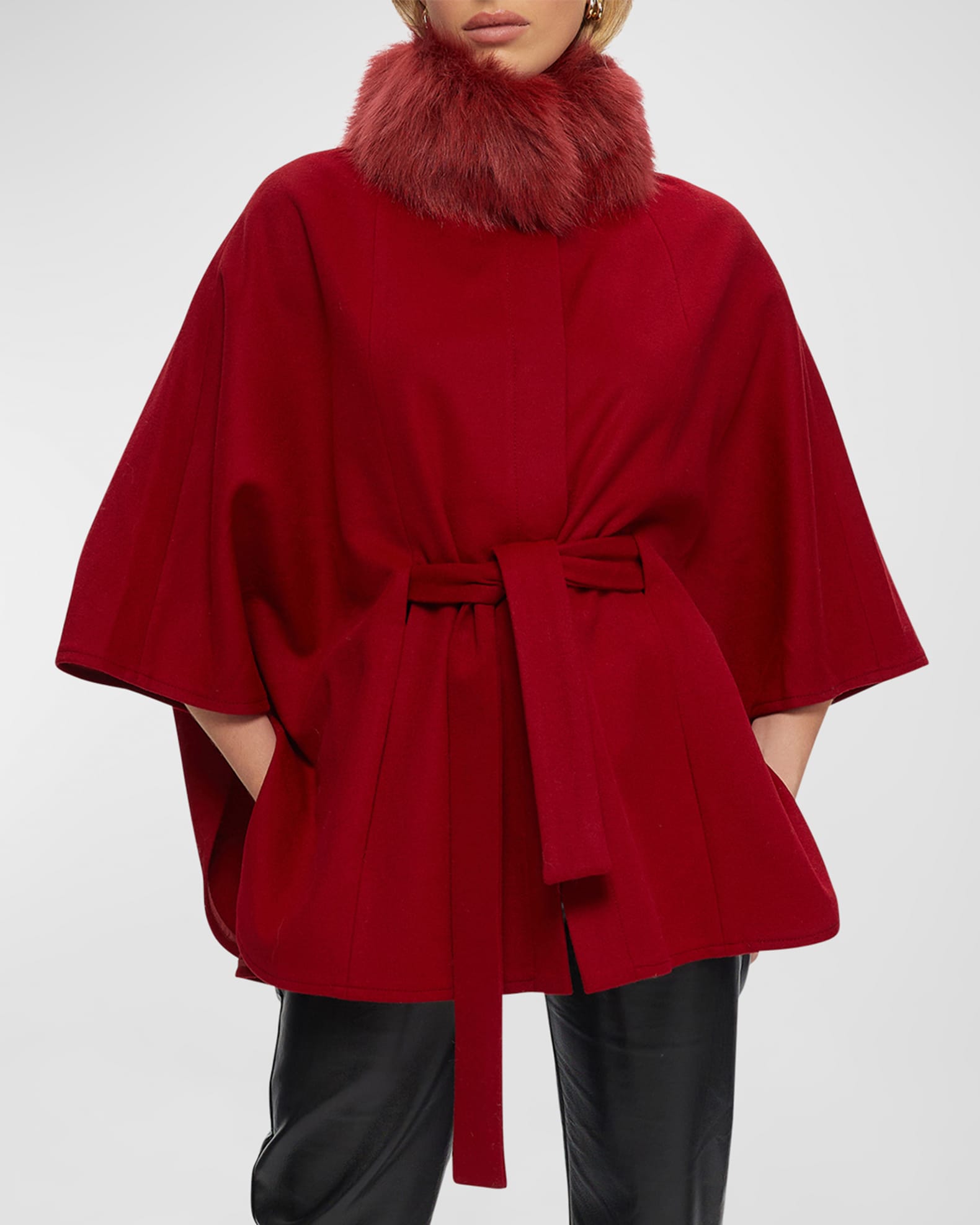 Gorski Wool Belted Cape with Toscana Lamb Shearling Collar | Neiman Marcus