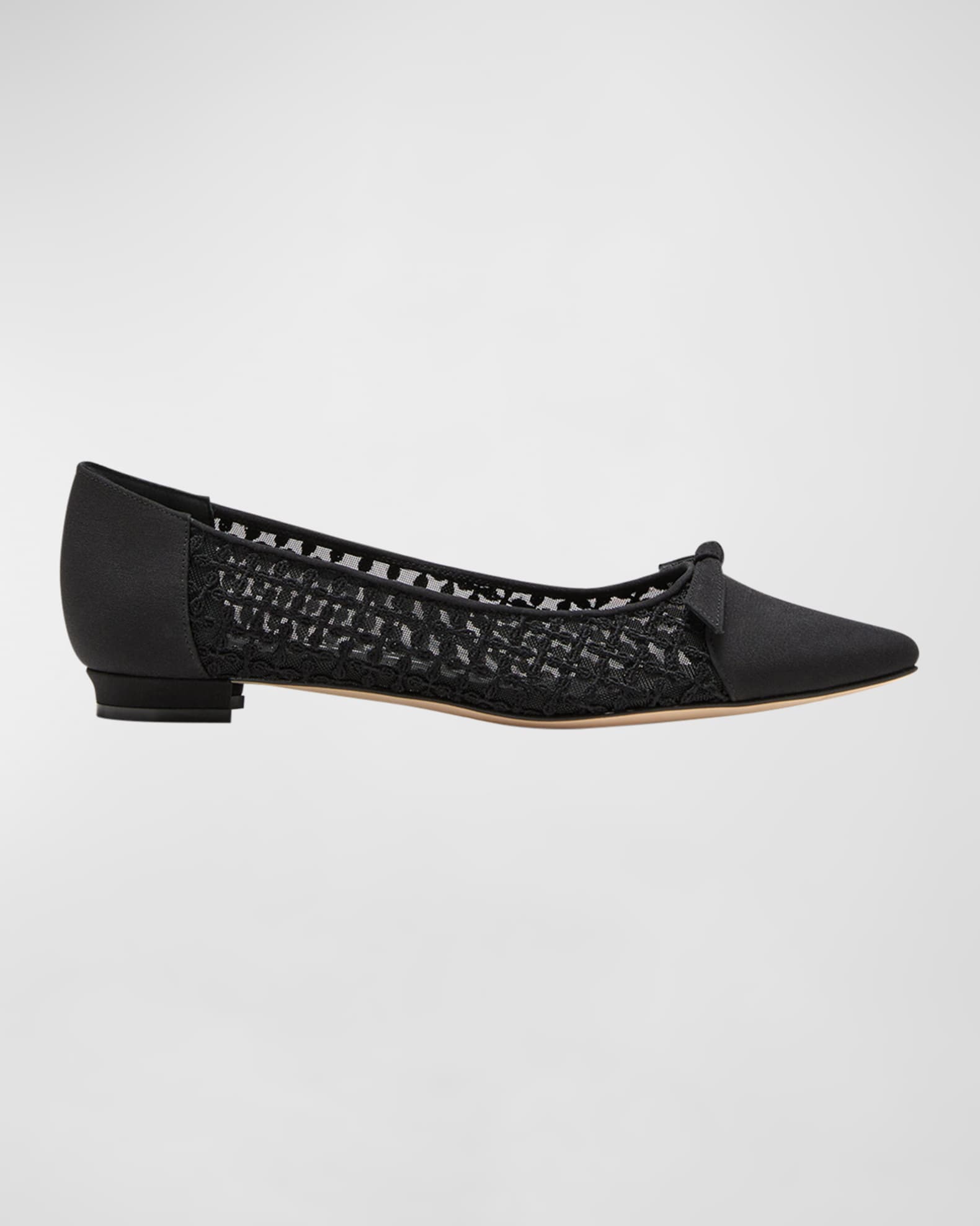 Manolo Blahnik Tiakala Satin Lace Bow Ballerina Flats