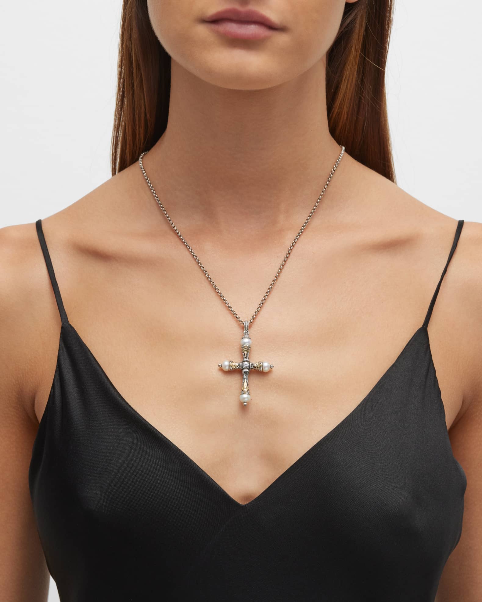 Mixed Metal White Sapphire Cross with Pearls 1