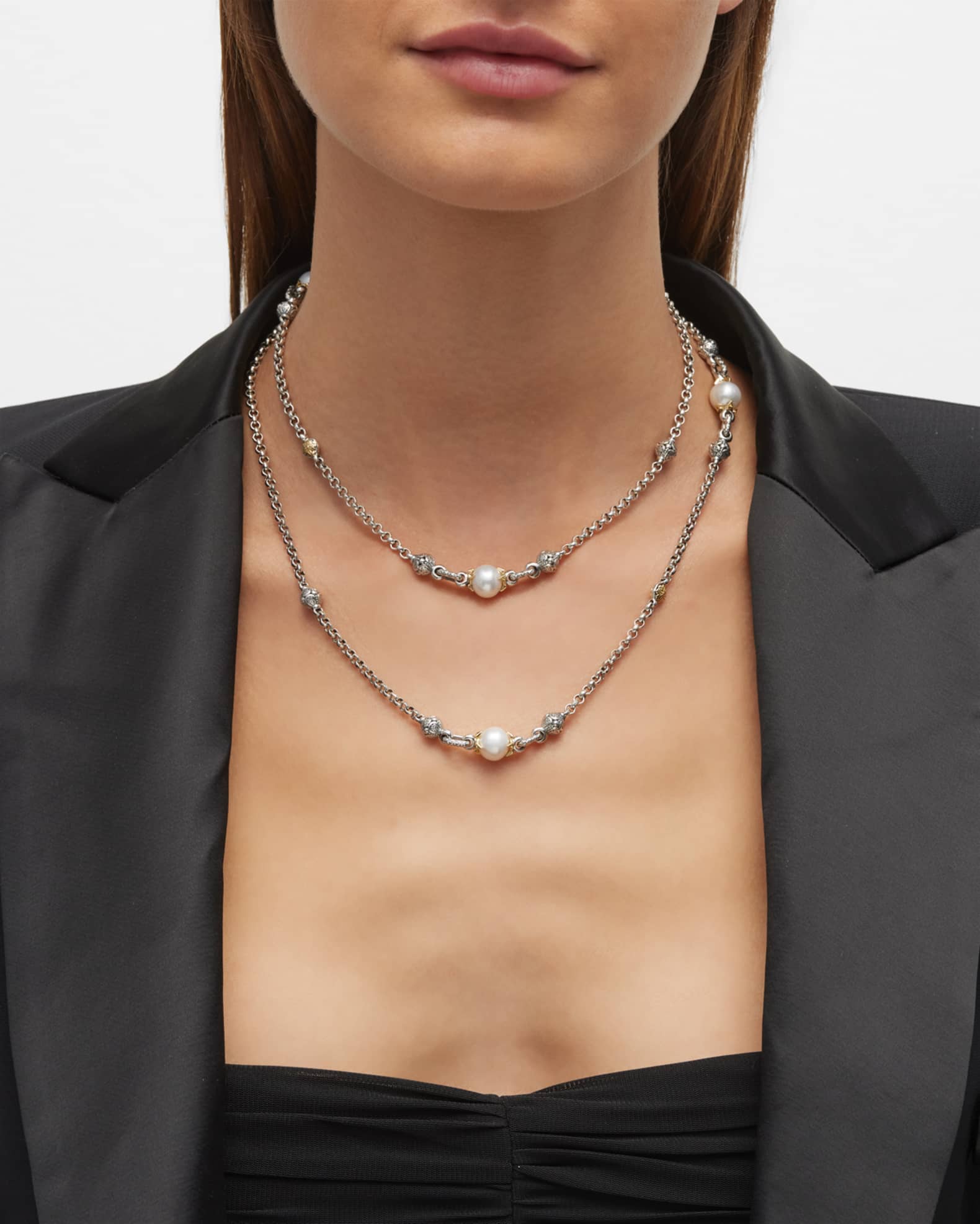 Sterling Silver and 18K Gold Pearl Station Necklace, 36" 1