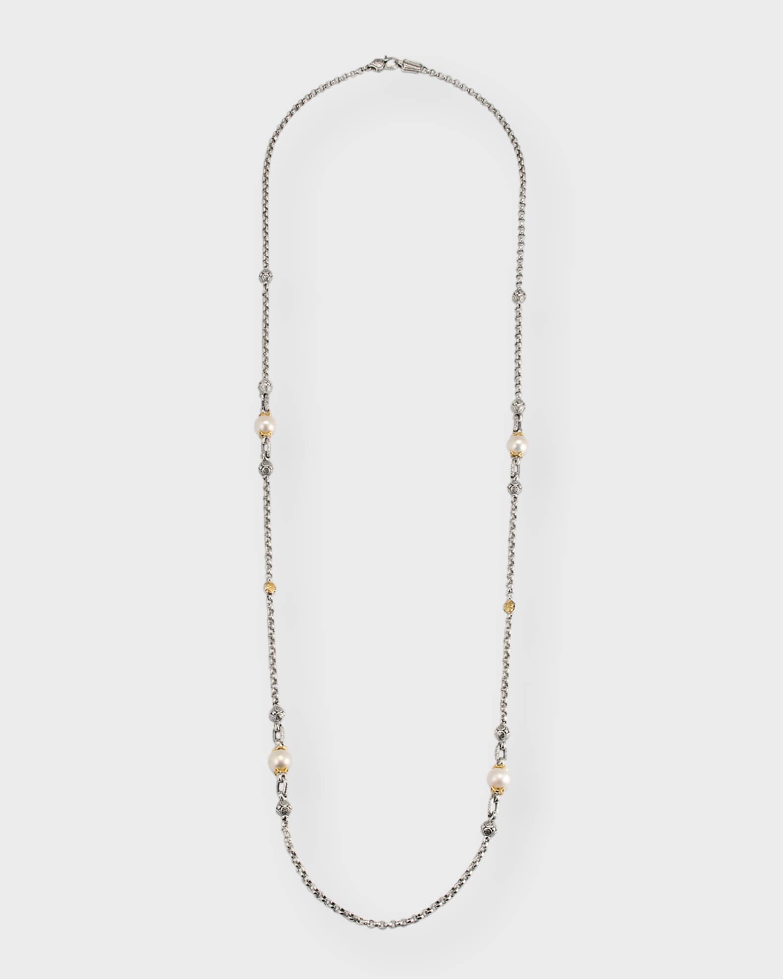 Sterling Silver and 18K Gold Pearl Station Necklace, 36" 0