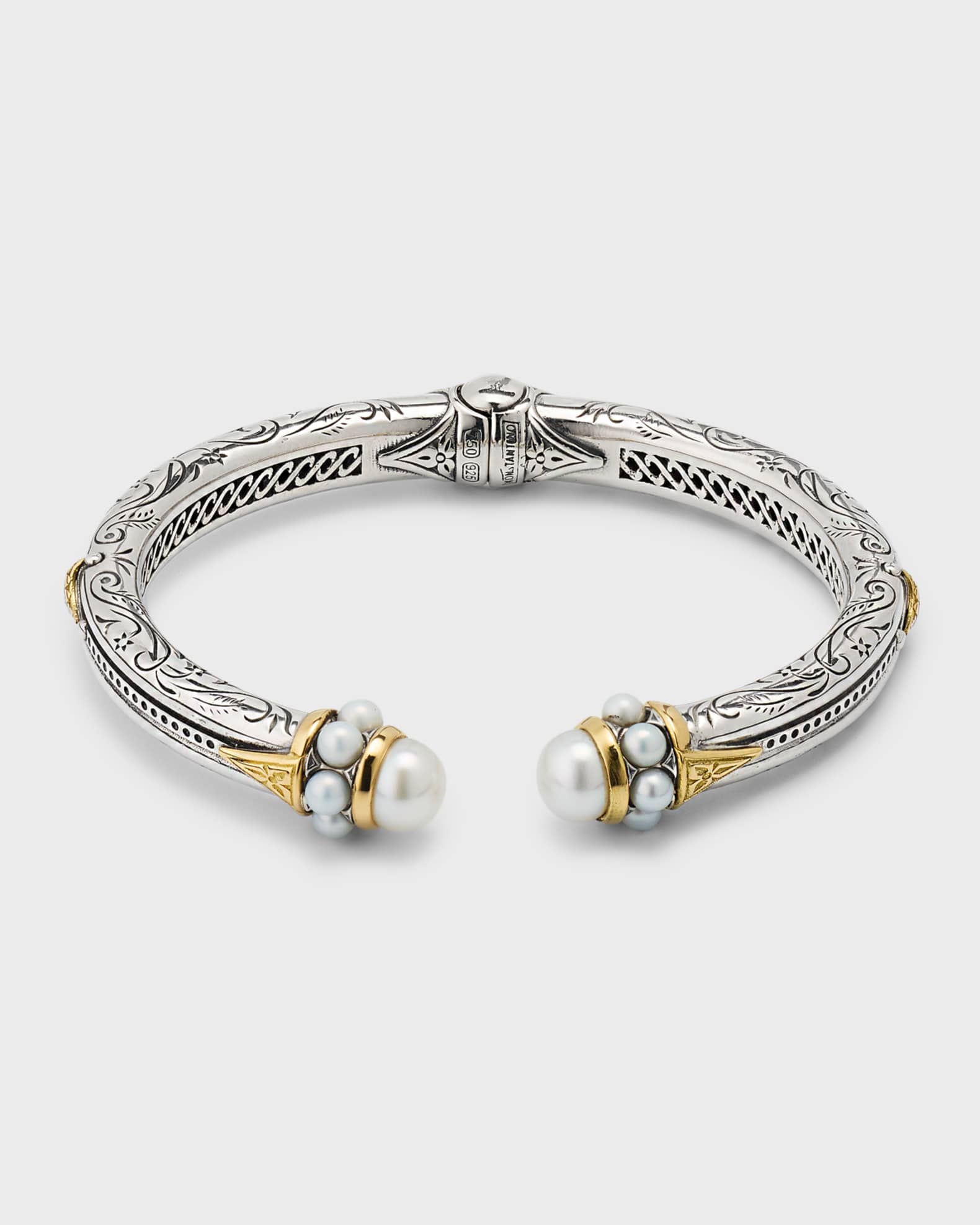 Sterling Silver and 18K Gold Pearl Bangle Bracelet 0