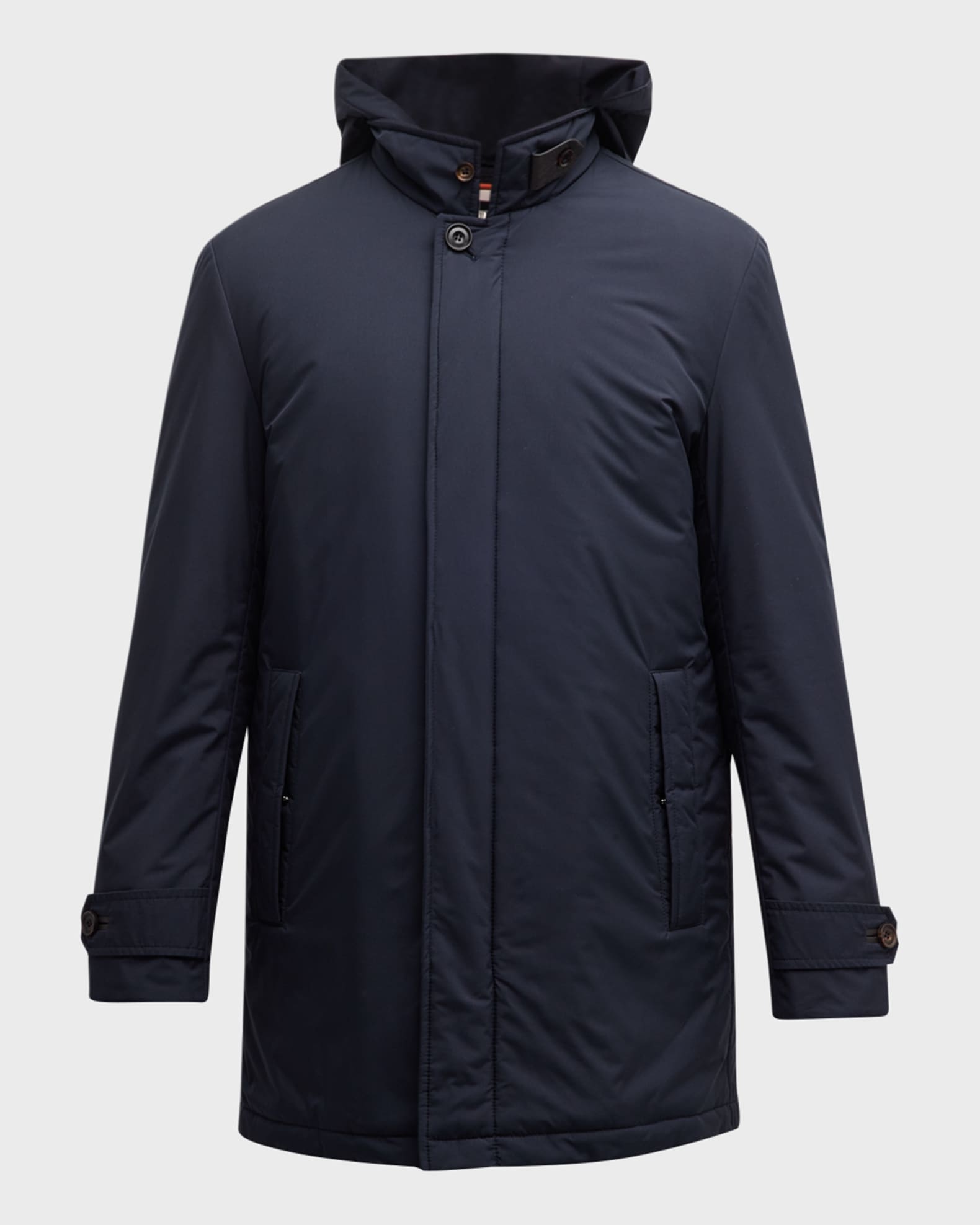 Corneliani Men's Padded Tech Car Coat with Hooded Bib | Neiman Marcus