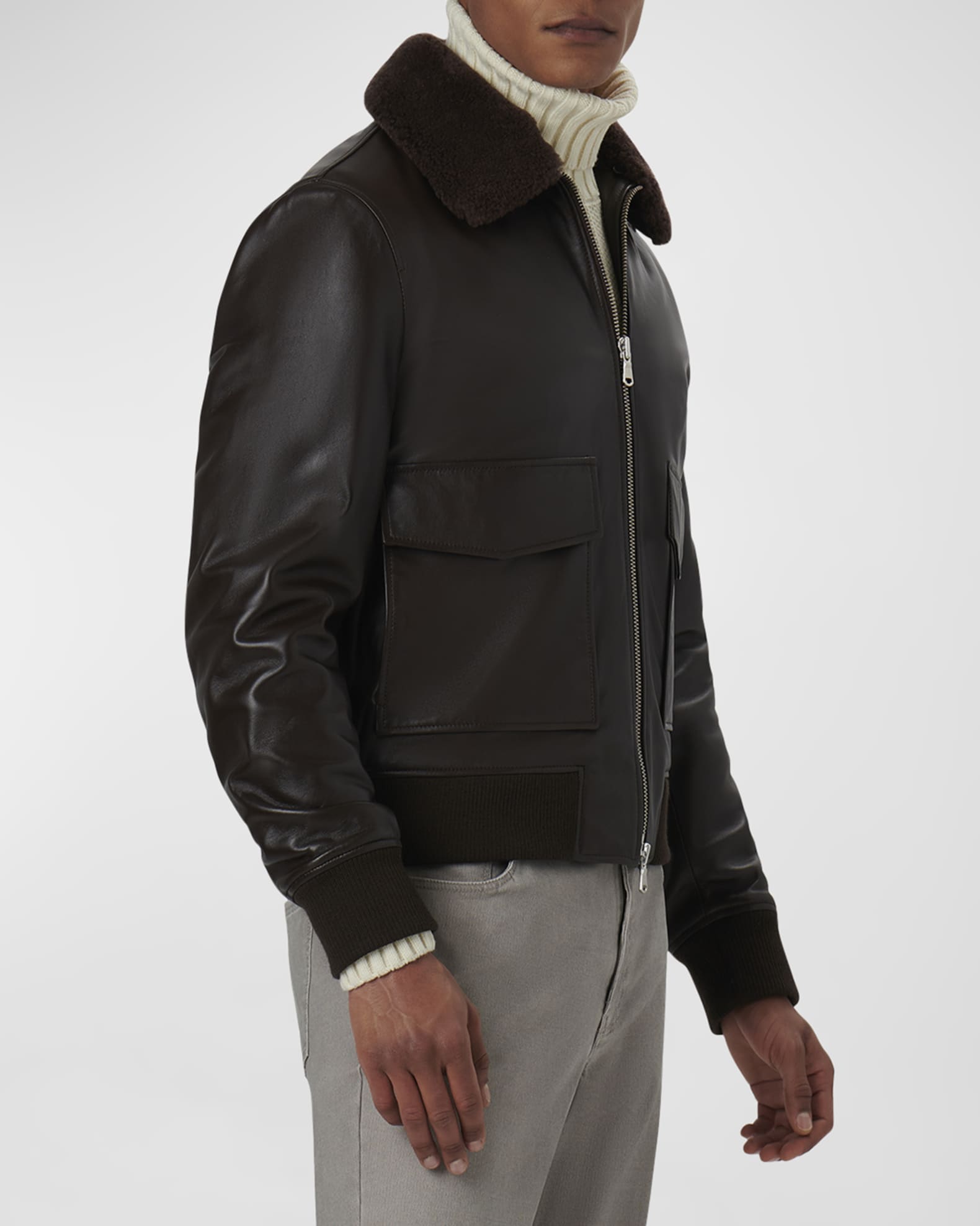 Bugatchi Men's Shearling-Collar Leather Bomber Jacket | Neiman Marcus