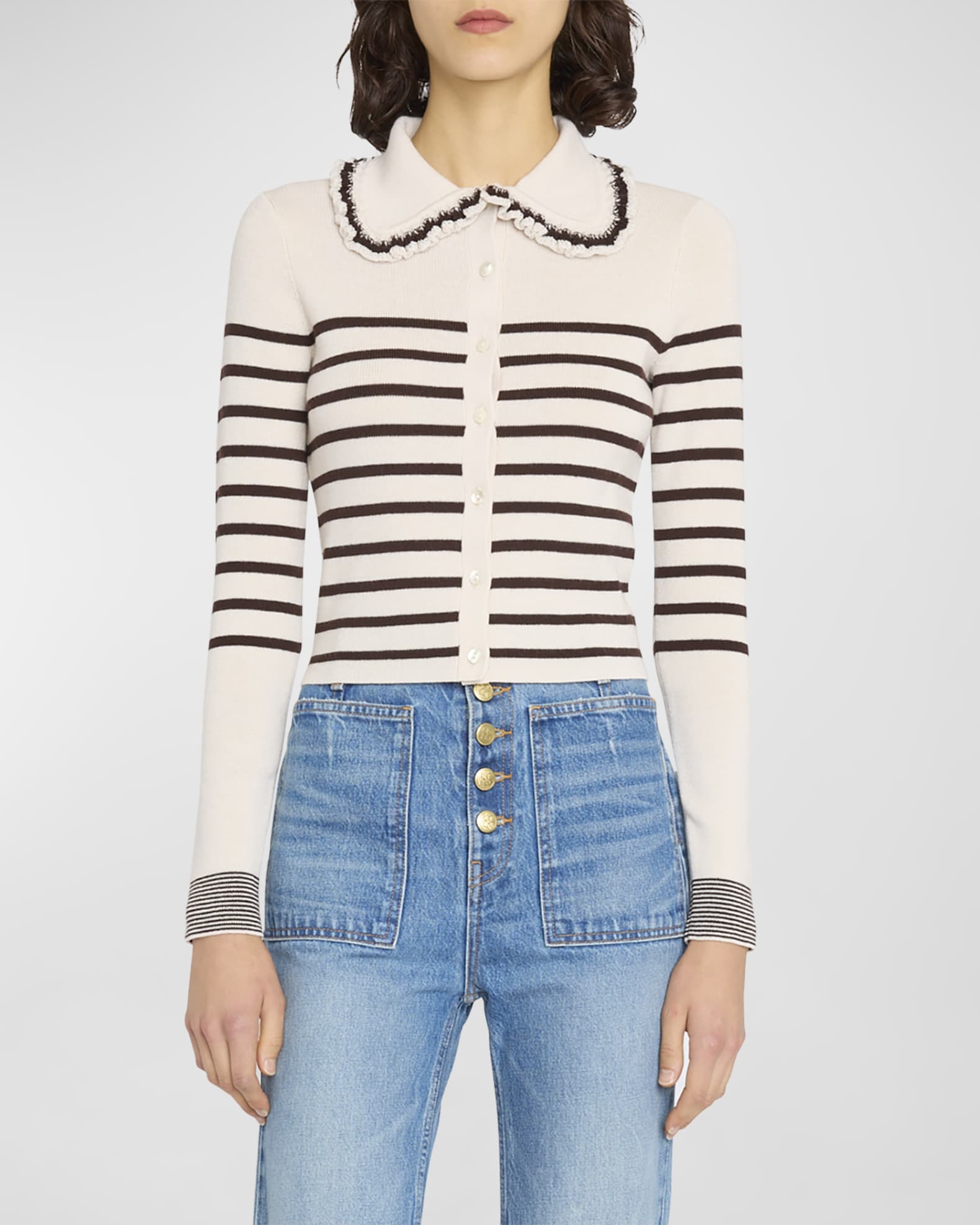 Louis Vuitton Lana Wool Creme Brown Womens Striped Short Blouse