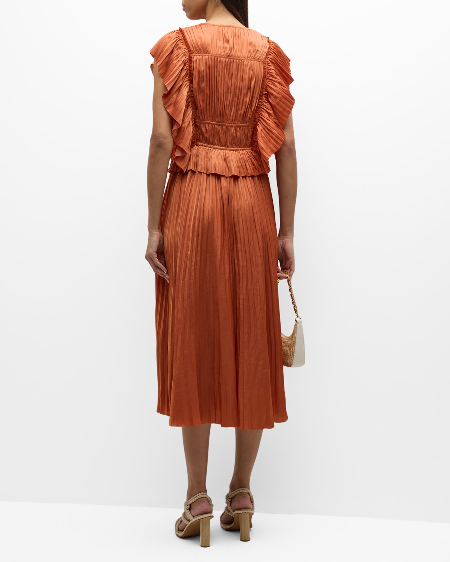Ulla Johnson Letty Pleated Ruffle Satin Midi Dress | Neiman Marcus