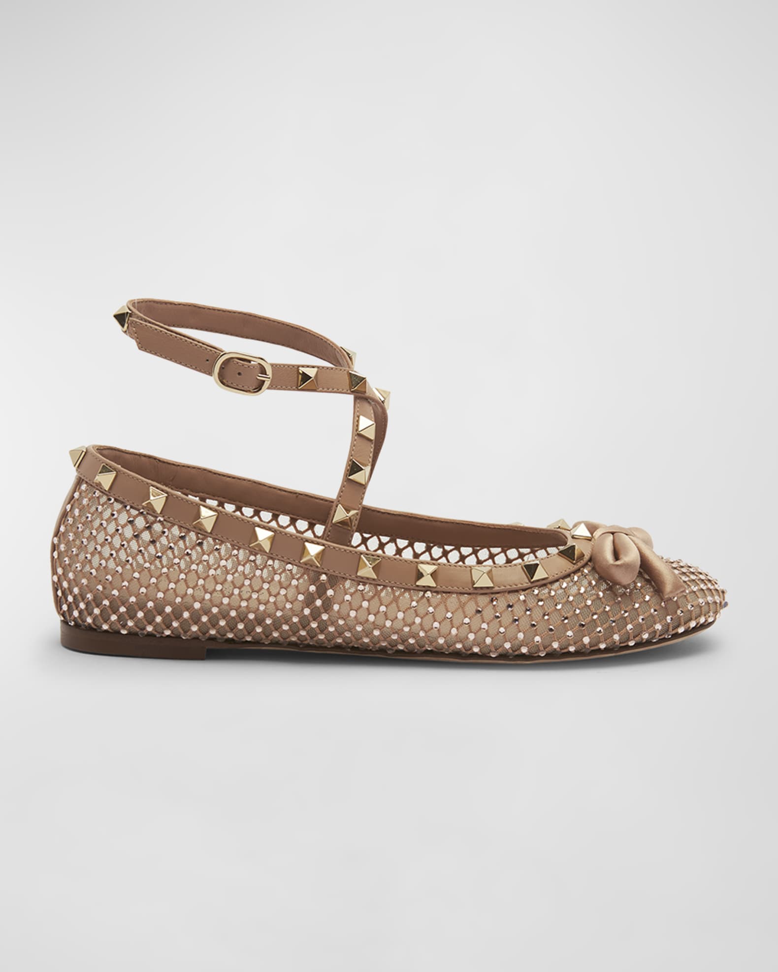 Rockstud Crystal Net Ankle-Strap Ballerina Flats