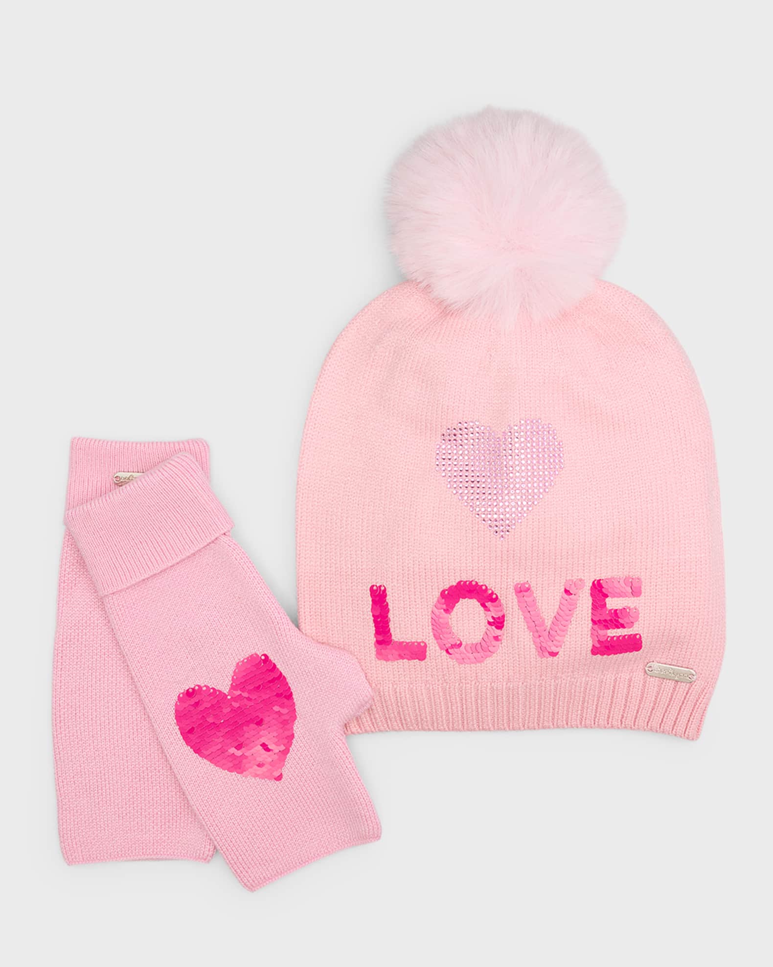 Bari Lynn Girl s Pom Pom Beanie W Sequin Heart Fingerless Glove