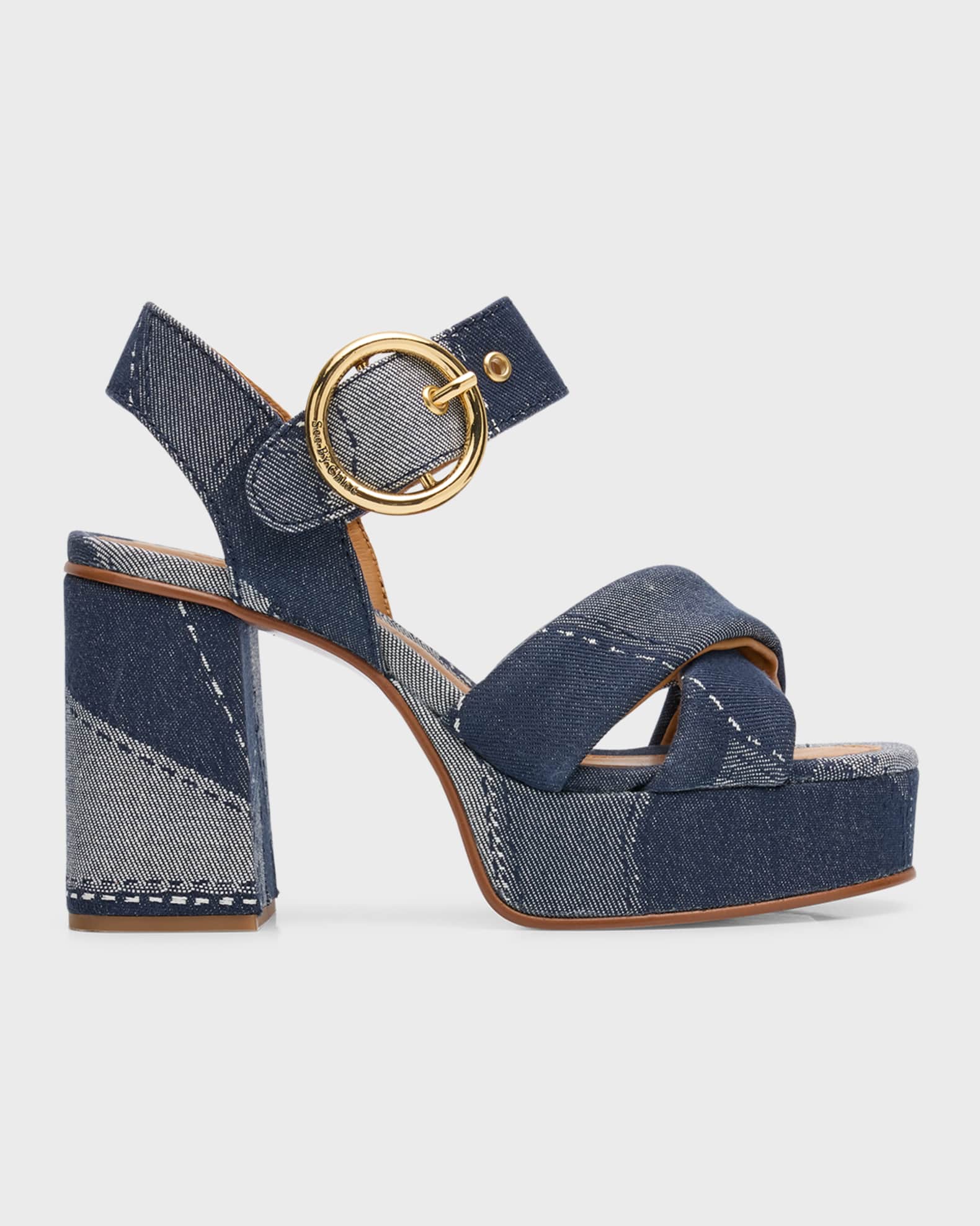 See by Chloe Joei Patchwork Denim Platform Sandals | Neiman Marcus