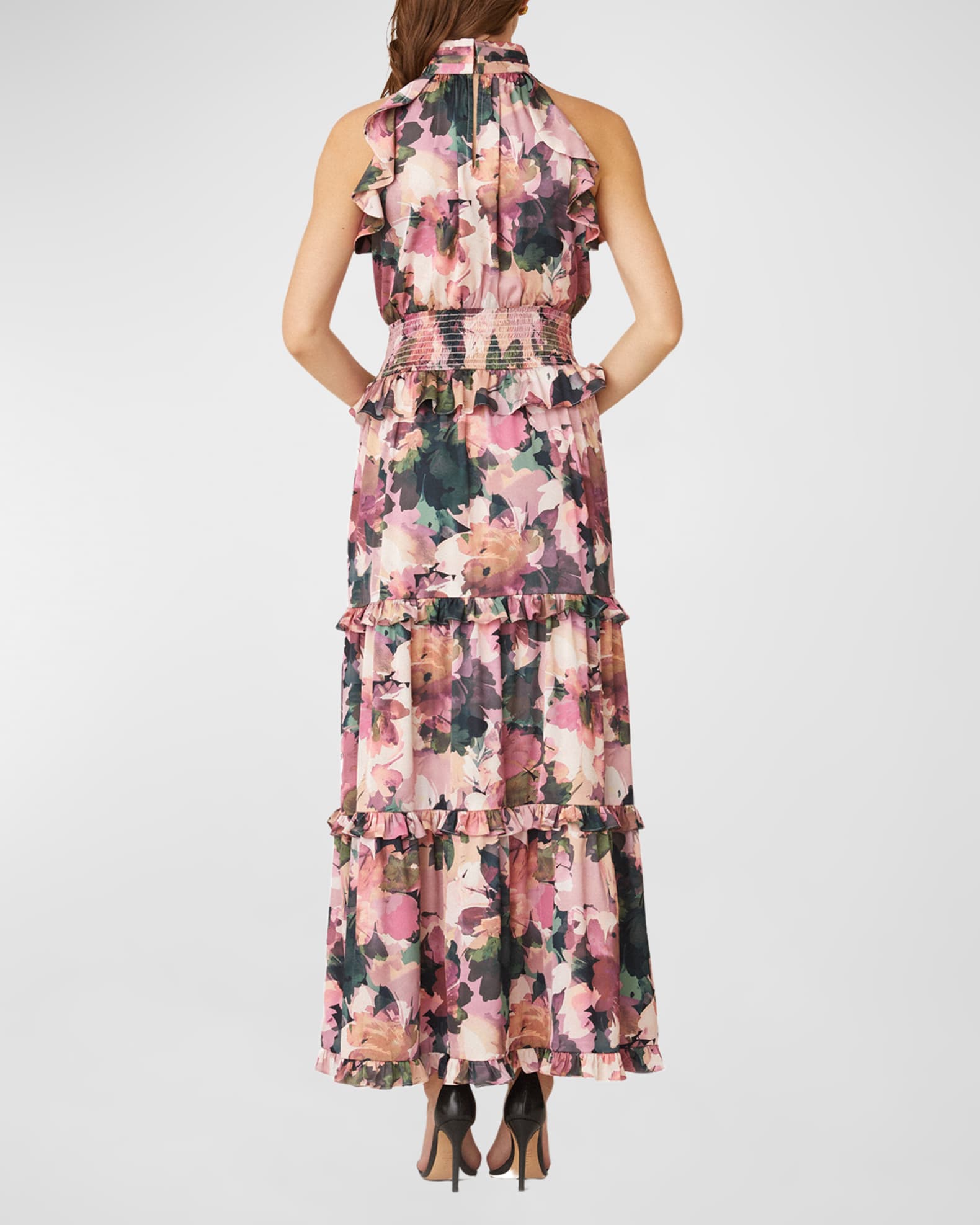 Shoshanna Tiered Ruffle-Trim Floral-Print Halter Gown | Neiman Marcus