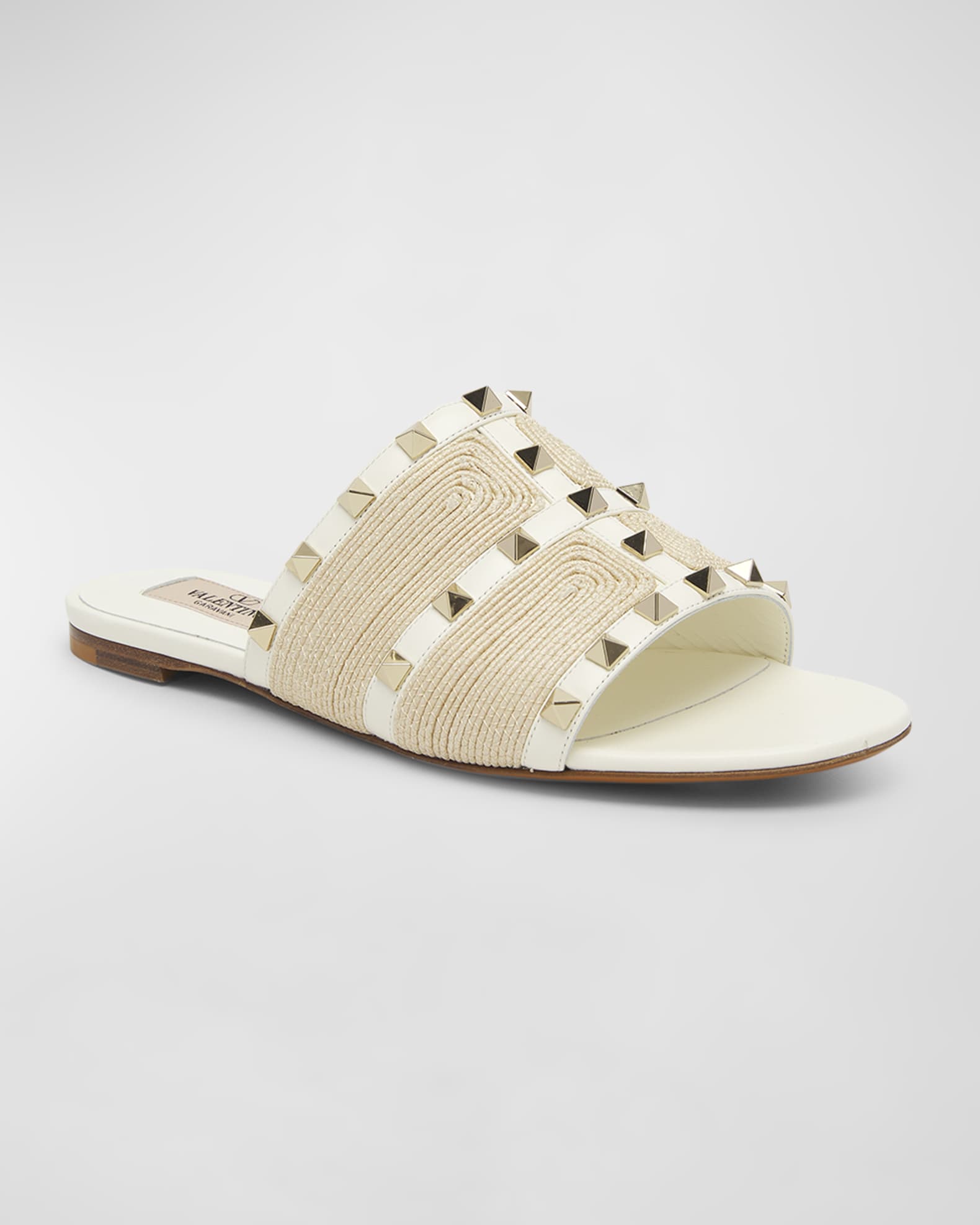 Valentino Garavani Rockstud Raffia Flat Slide Sandals | Neiman Marcus