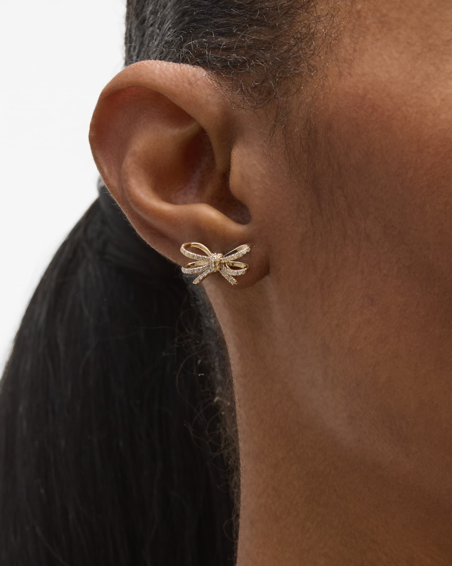 14K Yellow Gold Pave Diamond Double Bow Stud Earring, Single  1