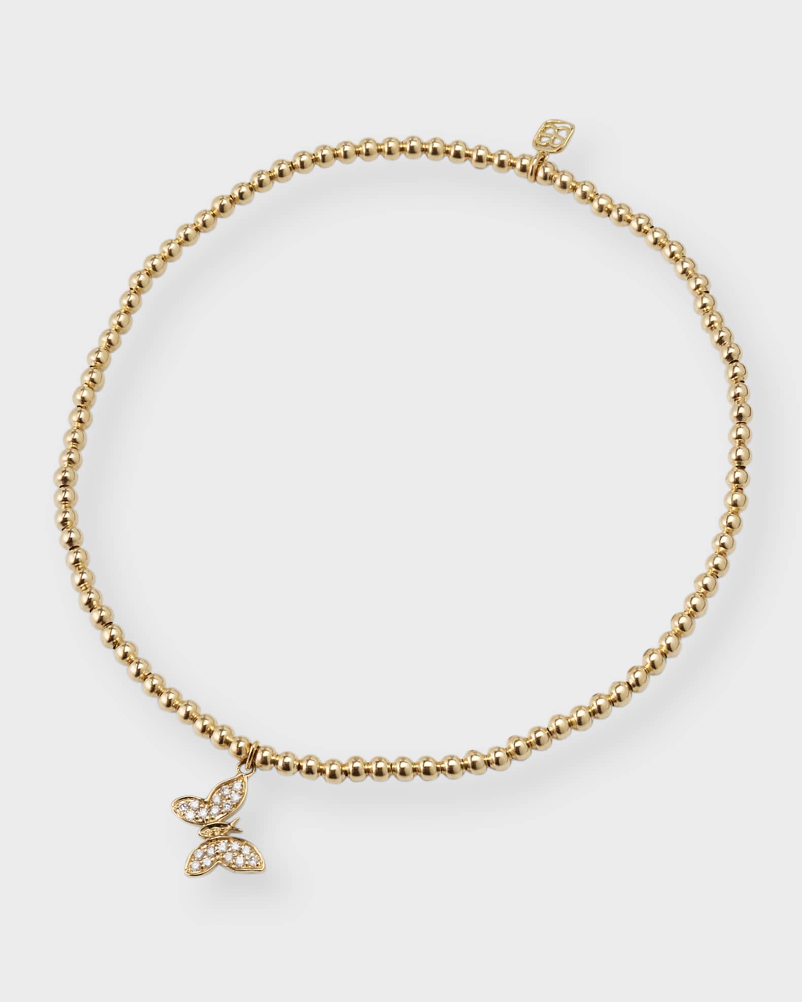 14K Yellow Gold Tiny Pave Diamond Butterfly Charm Beaded Bracelet 0