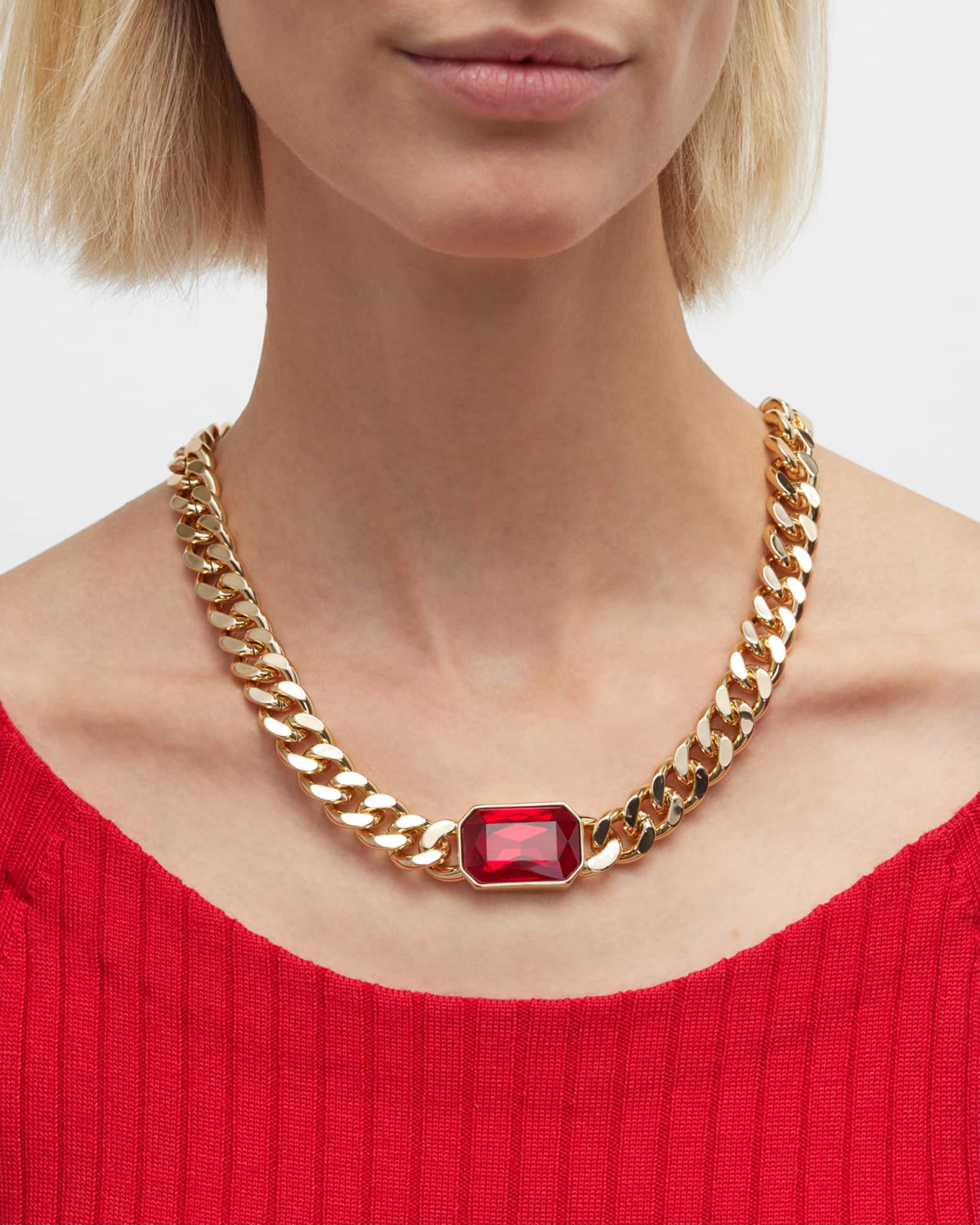 Gold Chain Toggle Necklace with Rectangle Ruby Stone 1