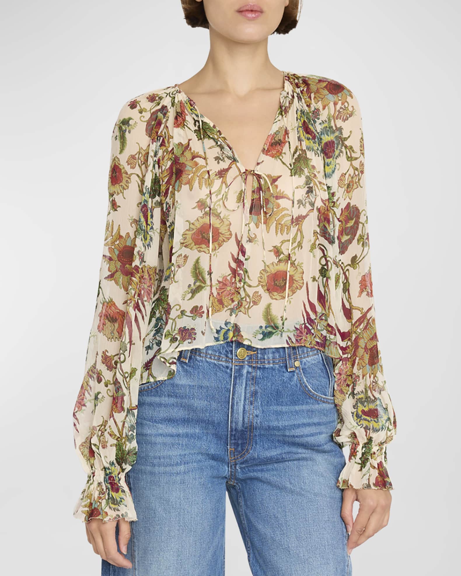 Ulla Johnson Bernadette Floral Silk Chiffon Puff-Sleeve Blouse