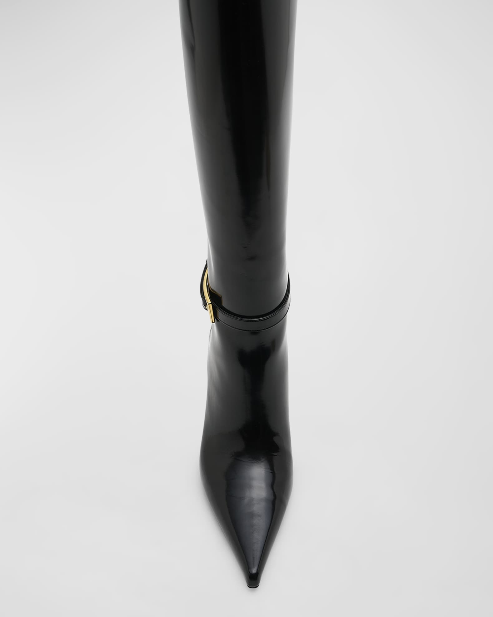 ダウンジャケット・コート Le Maillon Chain Leather Knee Boots SAINT LAURENT Lee buckled glossed-leather knee boots | NET-A