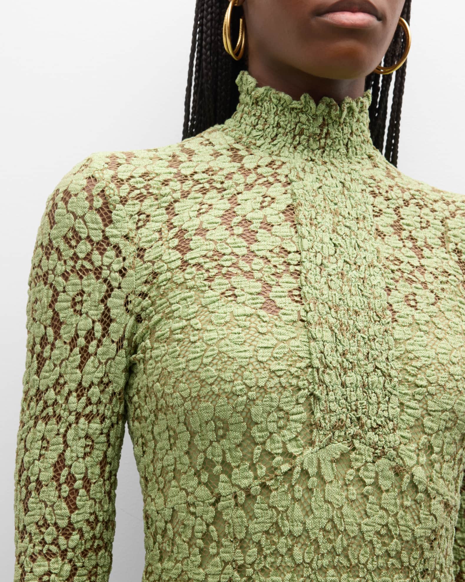 Alexis Tafari Smocked Lace Turtleneck Midi Dress | Neiman Marcus
