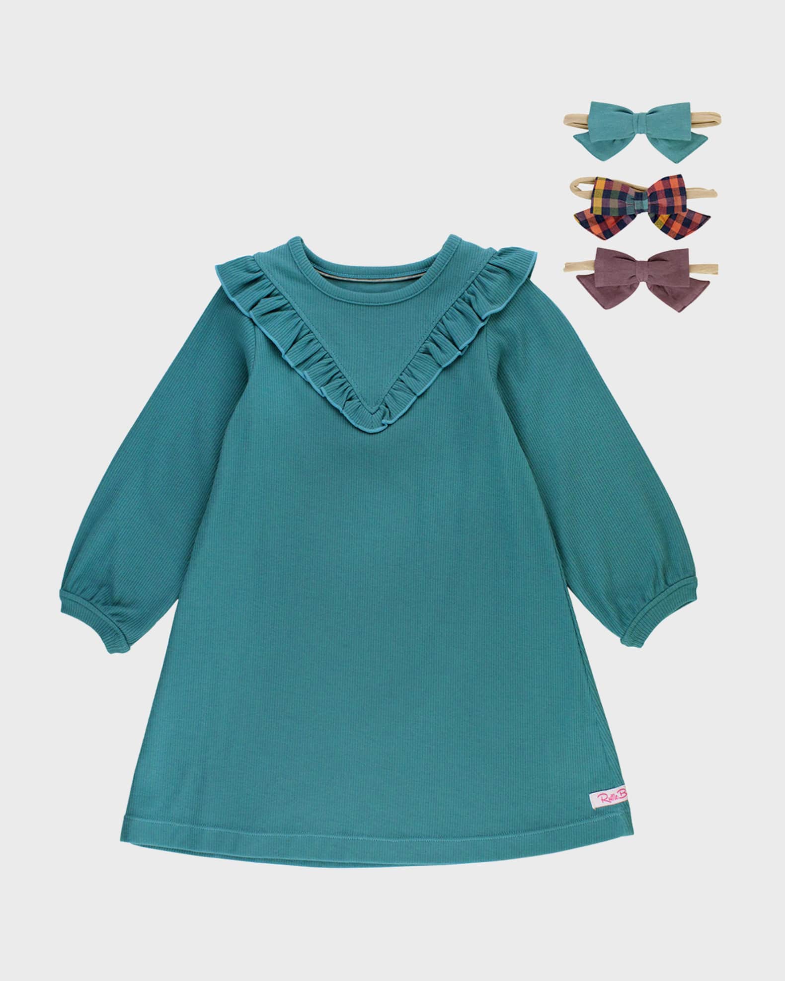 RuffleButts Girl's Brittany Ribbed Knit Dress W/ 3 Pack Headbands, Size