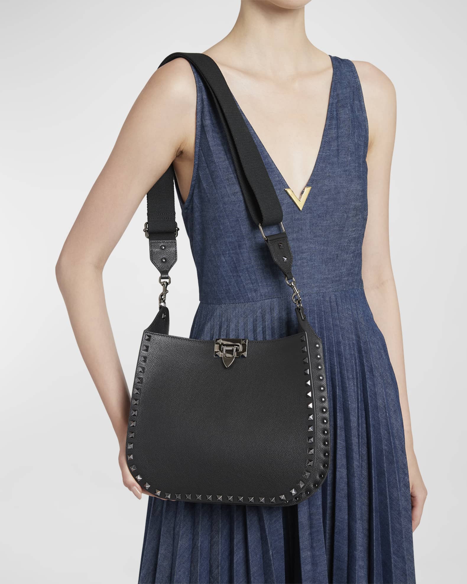 Valentino Garavani Small Rockstud Grainy Leather Hobo Bag
