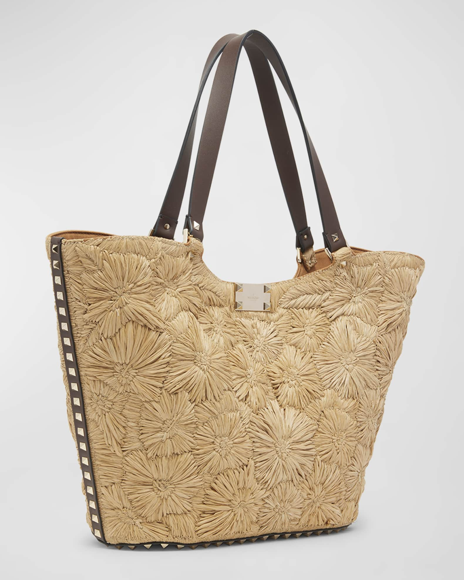 Valentino Garavani Garden Flower Rockstud Straw Tote Bag