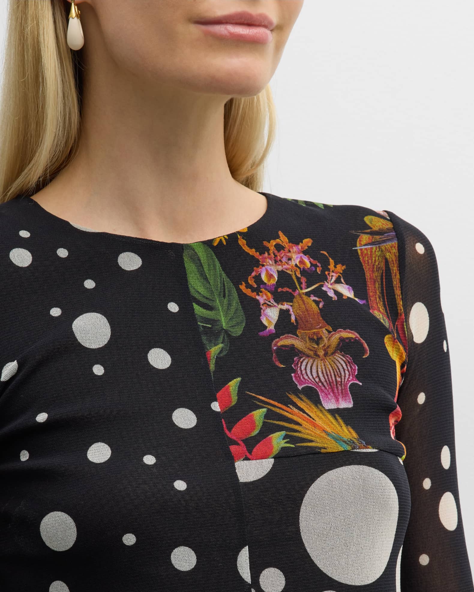 Novelty Black Stand Collar Print Tulle Top Fall AL1035