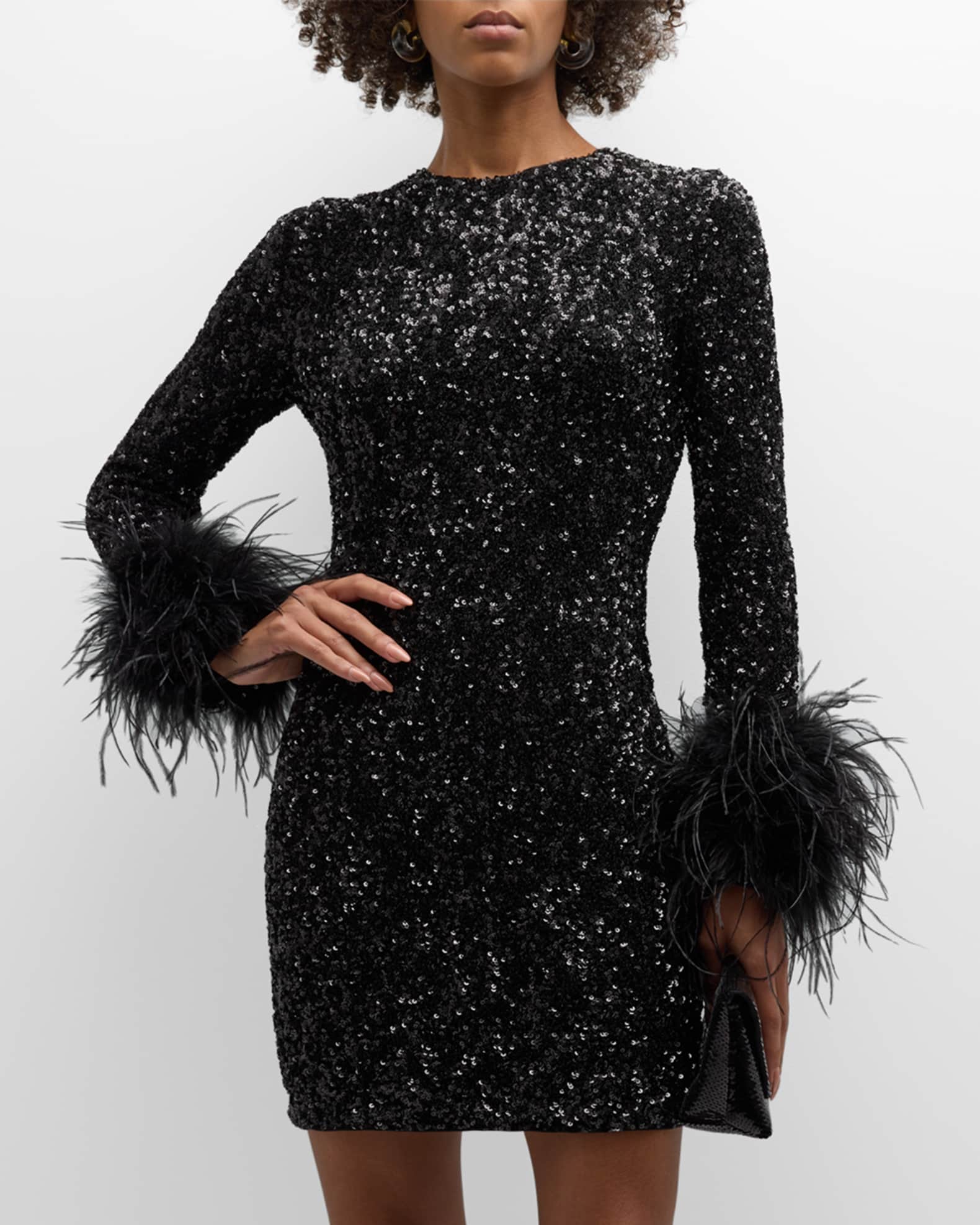 Alice + Olivia Delora Sequined Feather Cuff Mini Dress | Neiman Marcus