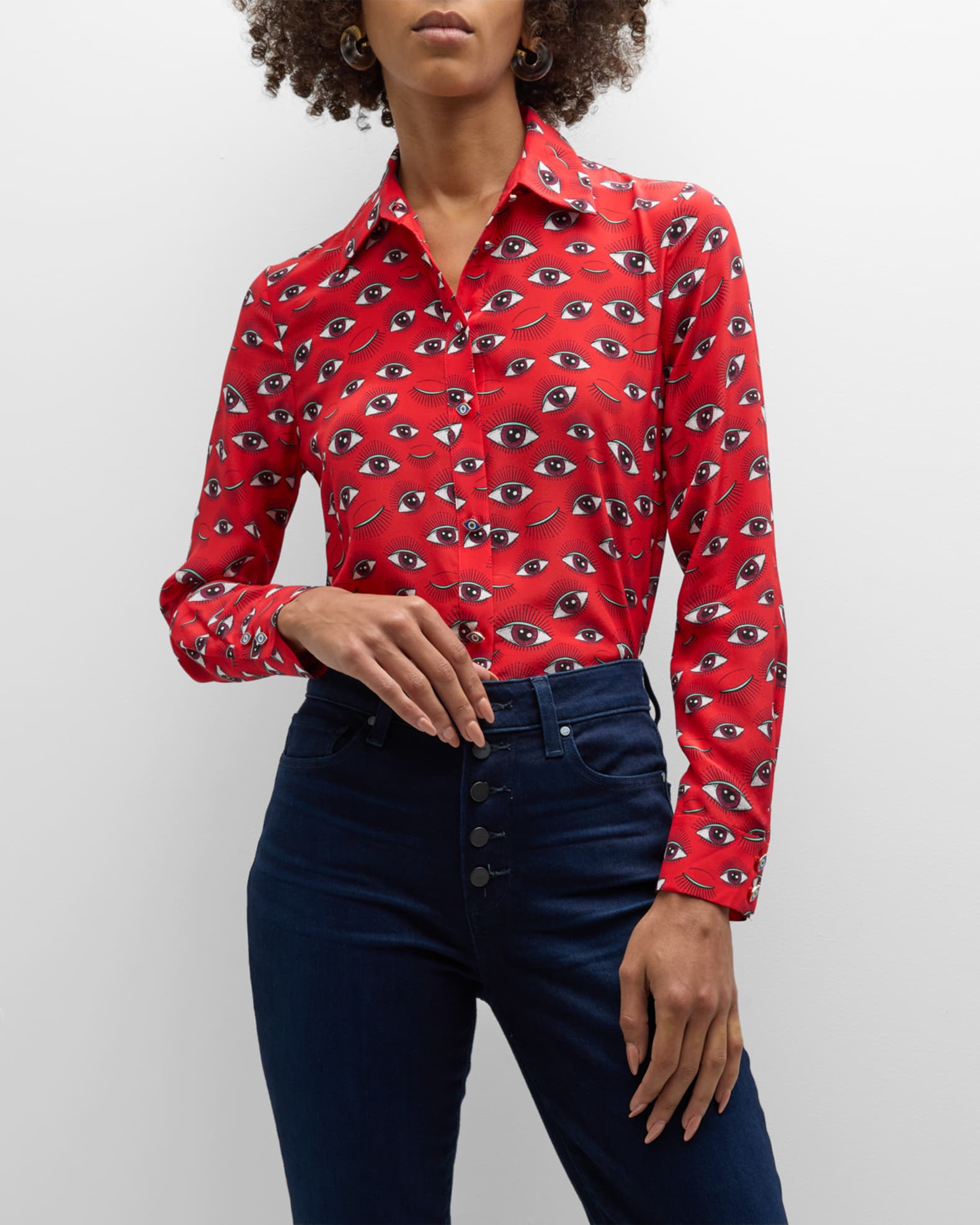 Alice + Olivia Willa Eye Candy Printed Placket Top | Neiman Marcus