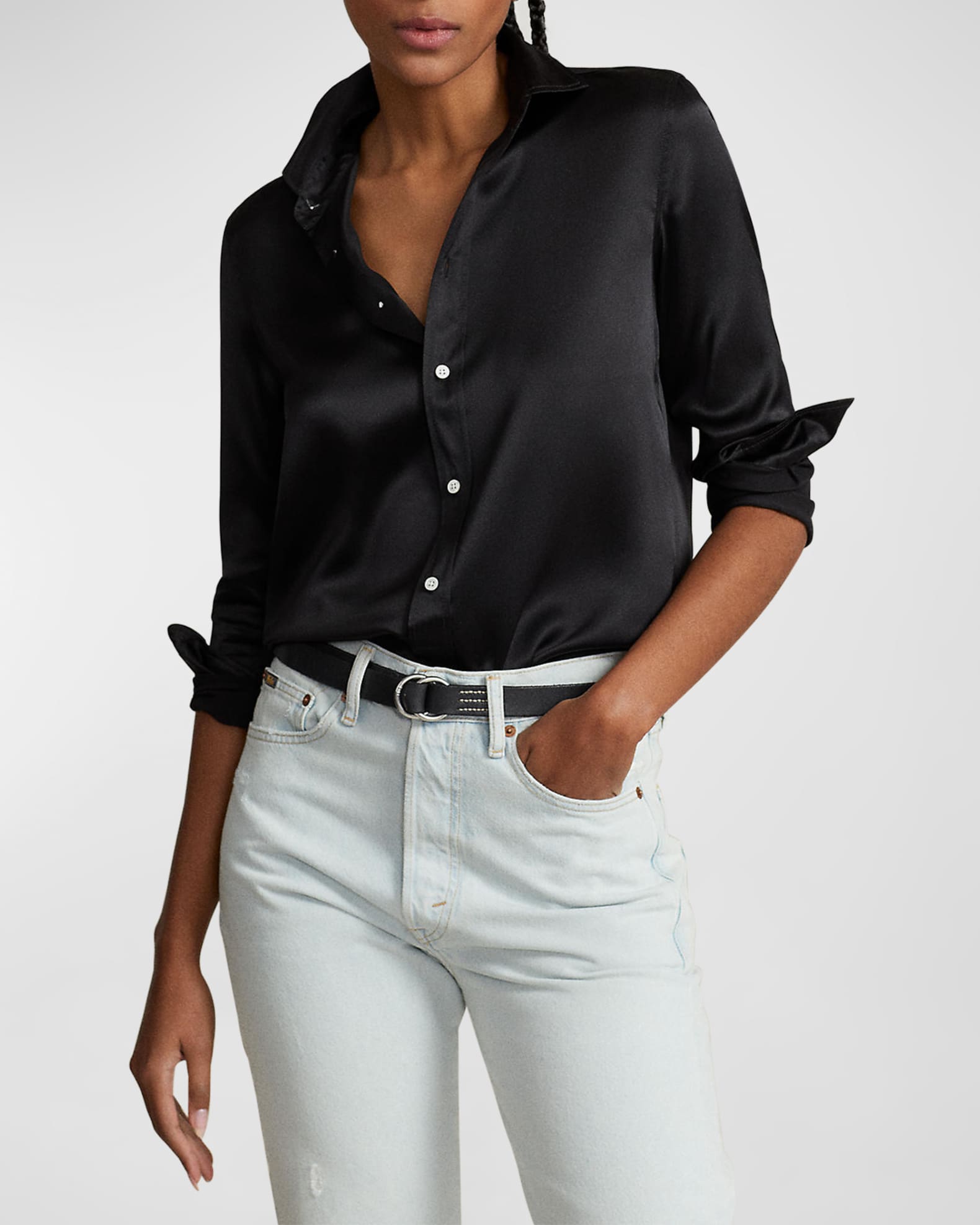 Slim-Fit Silk Shirt, Black 1
